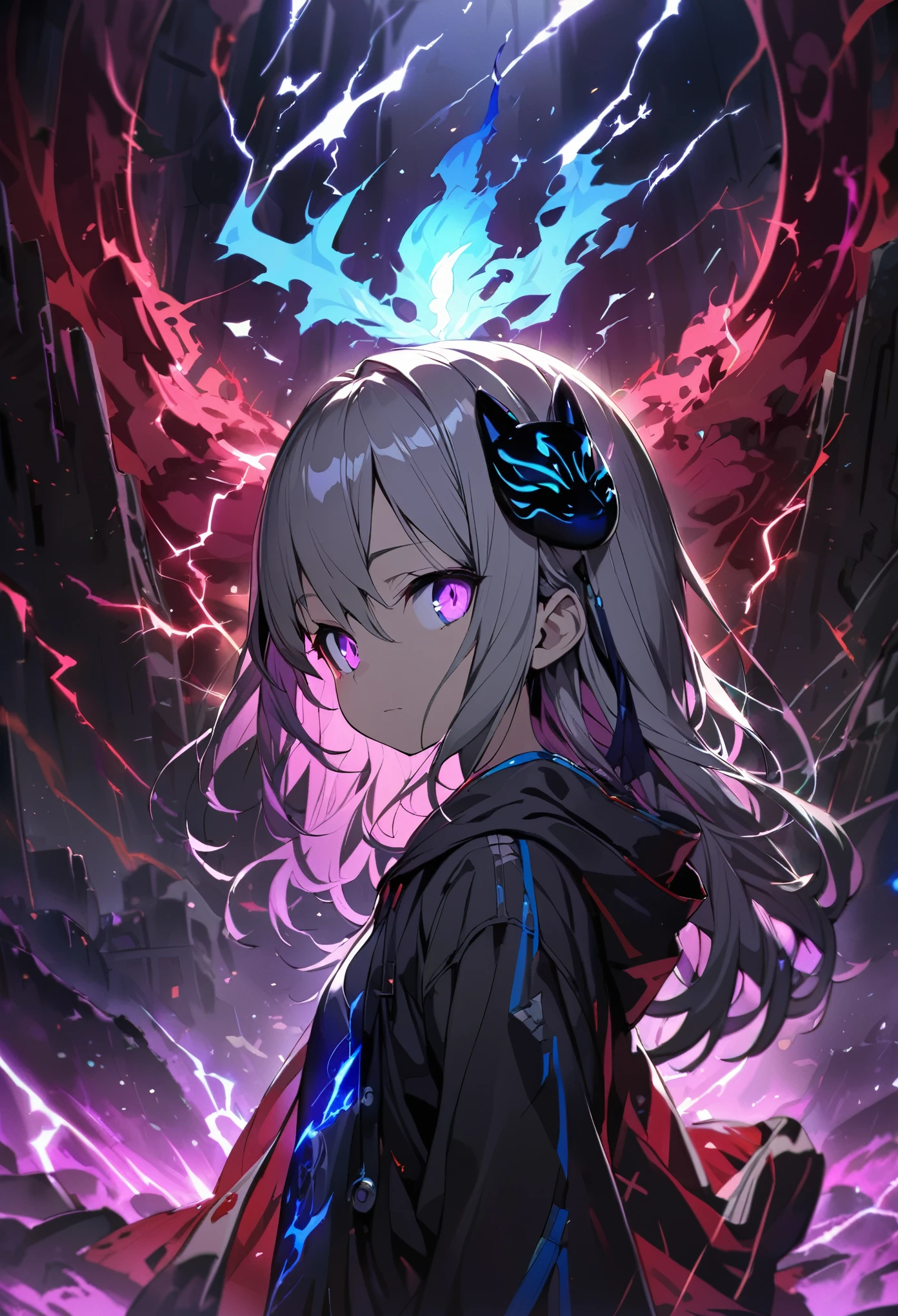 elementary, Shadow Surroundings Girl, lightning, Green Aura, Red aura, Purple aura, Flames surrounding the girl, masterpiece, Dark Theme, Highest quality, Maximum details, Ultra-detailed eyes, Professional coloring, cinematic lightning, Remains, Depth of written boundary, Backlight, One girl, Mid-chest, Young girl, Grey Hair, Long Hair, Glowing halo, Light Ring, Fox mask hair accessory, Black hoodie, Shining blue sea, Holding the blue flame