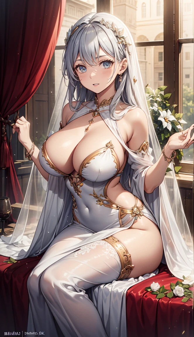 (best quality,4K,8K,High resolution,Masterpiece:1.2),very detailed,beautiful girl,Enchanted,charming,Cheerfulness,sacred,Magical effect,silver white hair,light pink wedding dress,love eyes,bridal dress,Complicated dress,lace details,bedroom,solitude,during the night,Lace stockings,แถบsacred,See-through transparent clothes,big breasts,Bare some gardens,((2 young women))