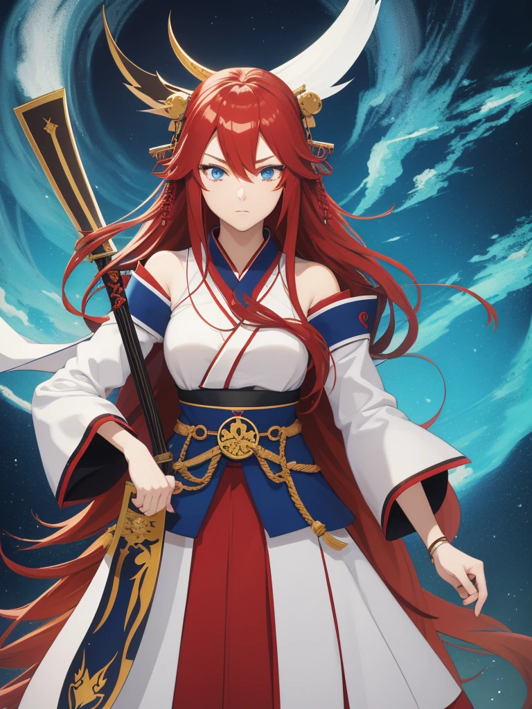 an anime style female character, with long red hair, and intense blue eyes. He wears traditional Japanese clothing, similar to the clothing of a samurai or a miko (Sintoist priestess), in white and blue colors. He holds a katana in one hand, which has a decorative cover with gold details and a red cord. His expression is serious and determined, suggesting she is a warrior or someone with a strong sense of duty. The image is detailed and high quality, highlighting the vivid colors and the characteristic artistic style of the anime.