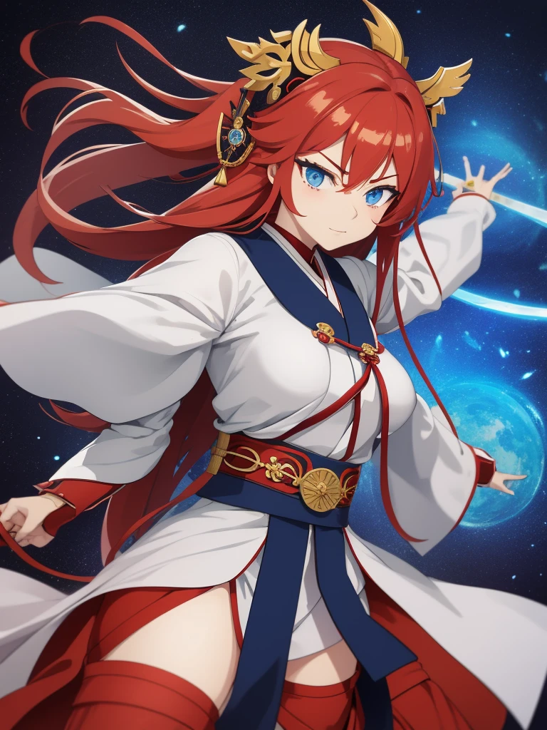 an anime style female character, with long red hair, and intense blue eyes. He wears traditional Japanese clothing, similar to the clothing of a samurai or a miko (Sintoist priestess), in white and blue colors. He holds a katana in one hand, which has a decorative cover with gold details and a red cord. His expression is serious and determined, suggesting she is a warrior or someone with a strong sense of duty. The image is detailed and high quality, highlighting the vivid colors and the characteristic artistic style of the anime.