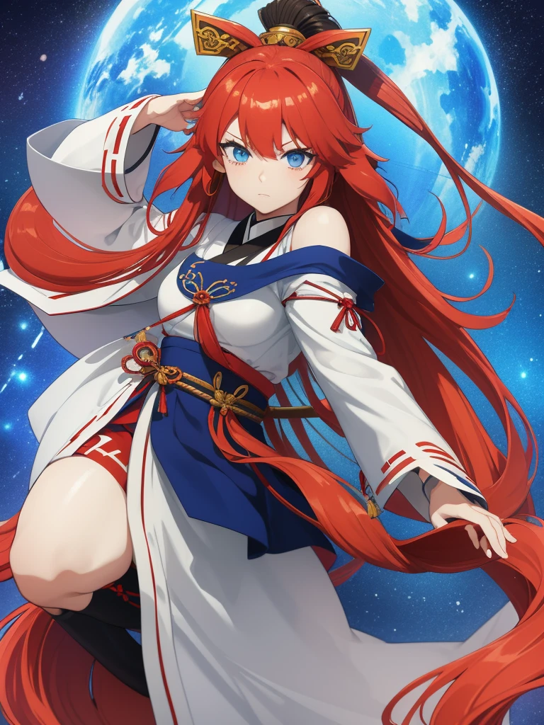 an anime style female character, with long red hair, and intense blue eyes. He wears traditional Japanese clothing, similar to the clothing of a samurai or a miko (Sintoist priestess), in white and blue colors. He holds a katana in one hand, which has a decorative cover with gold details and a red cord. His expression is serious and determined, suggesting she is a warrior or someone with a strong sense of duty. The image is detailed and high quality, highlighting the vivid colors and the characteristic artistic style of the anime.
