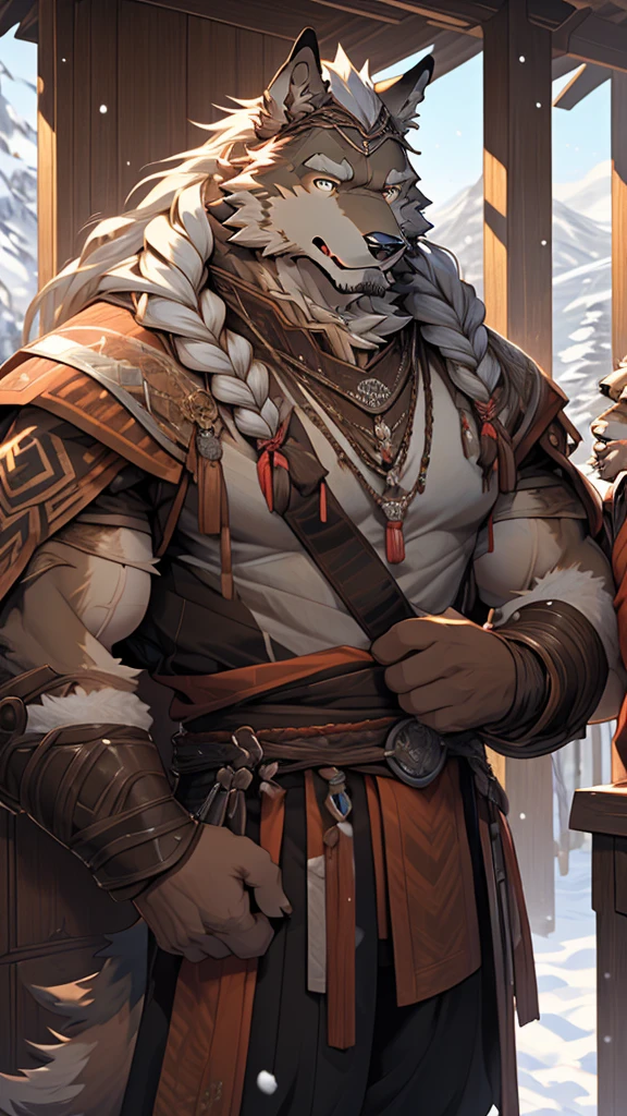 (photorealistic:1.4), 8k, (masterpiece), best quality, highest quality, (highly detailed fur:1.5), (detailed muscles:1.4), (detailed face:1.5), (realistic eyes), original, highres, unparalleled masterpiece, ultra realistic 8k, perfect artwork, grey wolf, male, middle aged, (general:1.2), armor, scars, (casual clothing:1.3), long hair, braided hair, white braids, cold northern environment, (snowy:1.2), (father and son bonding:1.4), (heartwarming interaction:1.3),(barrack:1.9)