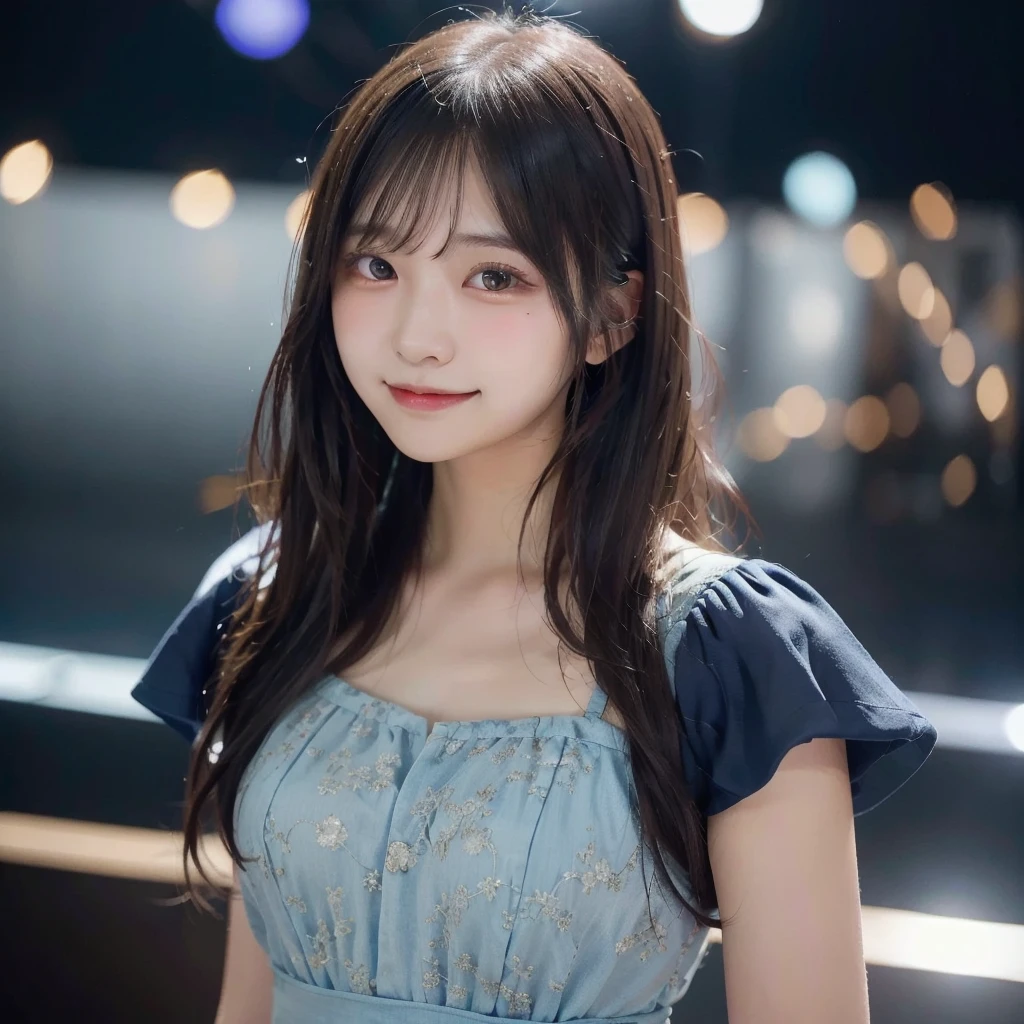 (RAW Photo, Best Quality), (Realistic, Photo Realistic: 1.3), Best Quality, Highly Detailed, Masterpiece, Ultra Detailed, 1 Girl, upper_body, Dynamic Angle, Extremely Detailed CG Unified 8k Wallpaper, Ink, Amazing, Movie upper_body, World Mastery Theater, messy_long_hair, Best Quality, Extremely Detailed CG Unified 8k Wallpaper, Ink, Amazing, Movie Lights, lens_flare, Detailed Face, (Deliberate expression: 1.5), sony master shot, woman posing for photo in front of tv, hi-res screenshot, normal hands, nice studio lighting, vhs screenshot, beautiful fine face, (Japanese age girl idol:1.5), performing on stage, (wearing blue-color idol costume:1.5), black short bob hairstyle, smiling,stage background, stage lights, concert setting, not city background