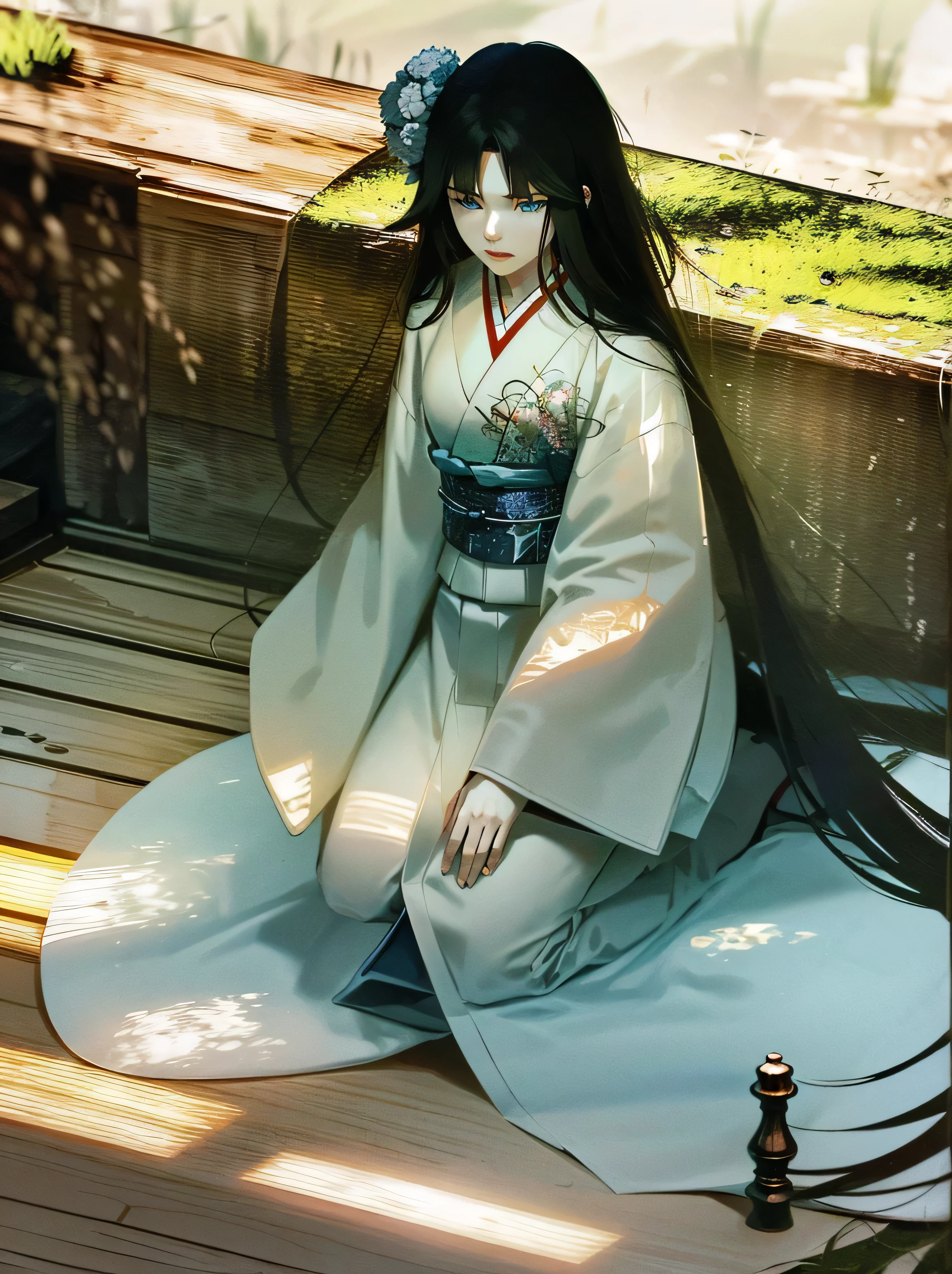 ((absurdres)), hd, uhd, (((HDR))), ((best quality)), (ultra high quality), (hi-res), ((1girl)), solo, alone, 
hmshiki, very long hair, ahoge, hair flower, hair ornament, blue eyes, floral print, (layered clothes:1.2), japanese clothes, white kimono, lips slightly parted, cute, facing viewer, ((dynamic)), one leg behind, medieval japan, outside, buildings, cobblestone sidewalk, daytime, additional lighting, sunlight on face, noon, bright, bright sun, Japanese scenery, ((kneeling, knees together)), tatami mats, 