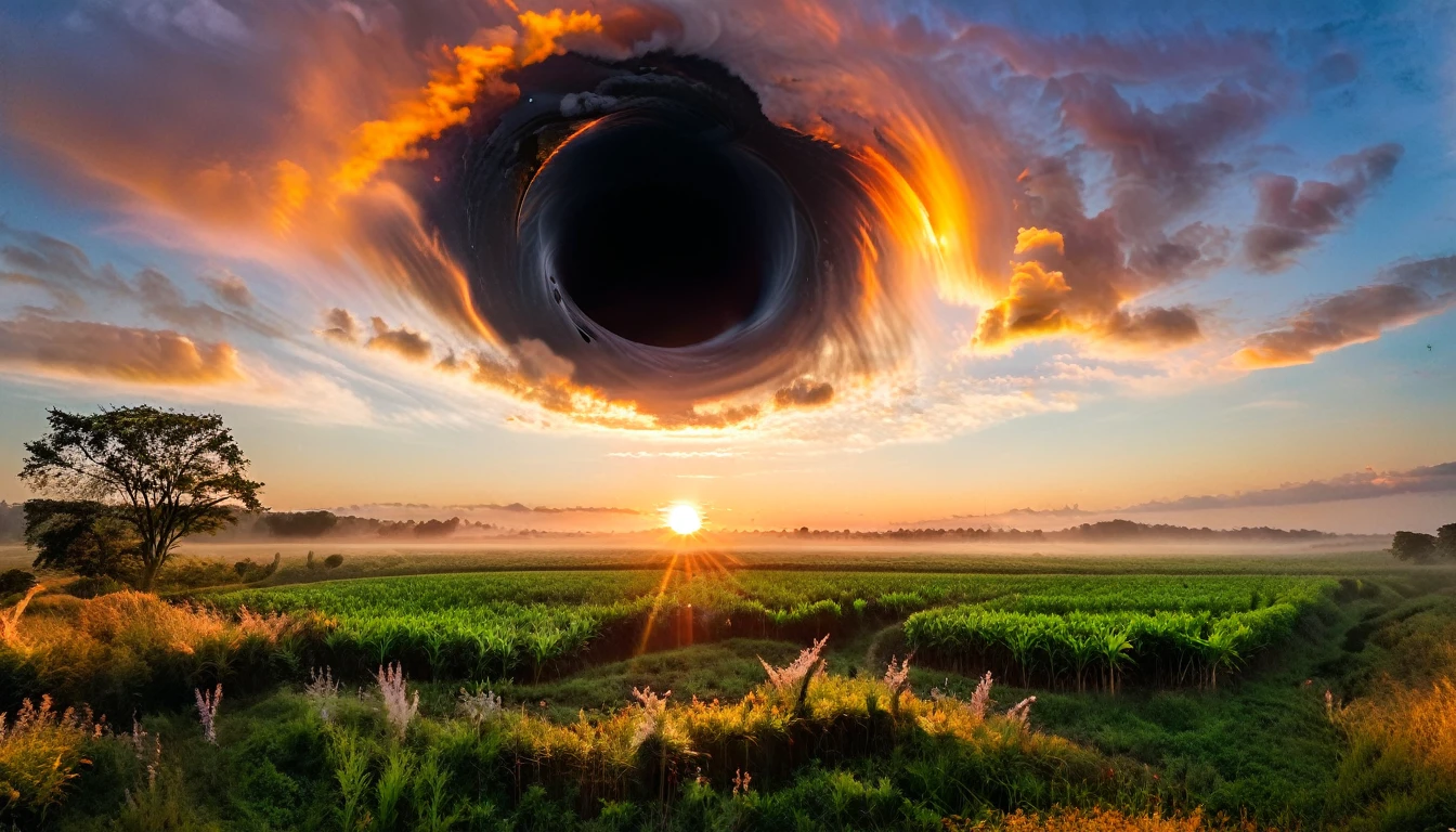 a black hole rises in the sky of a lush land, sunrise