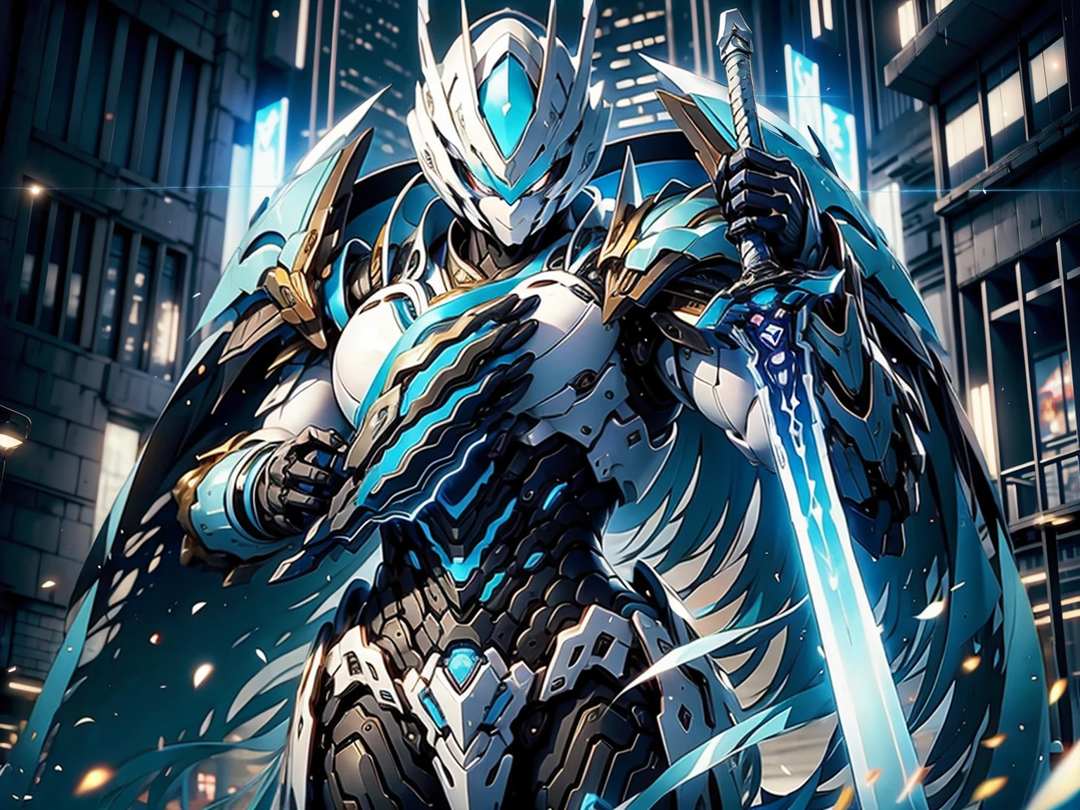 Blue-haired cyberpunk knight, sideways，white helmet, White Armor, Holding a sword, 8K picture quality, 4k picture quality, masterpiece, The award-winning, the best