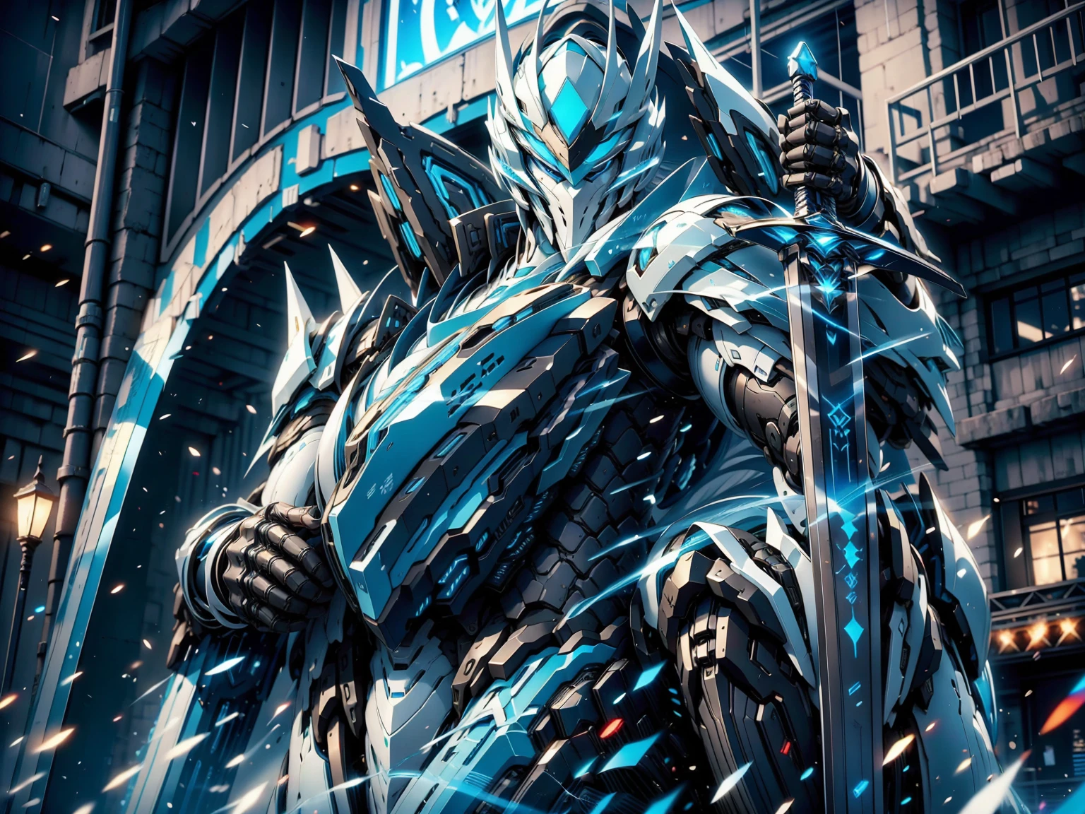 Blue-haired cyberpunk knight, sideways,white helmet, White Armor, Holding a sword, 8K picture quality, 4k picture quality, masterpiece, The award-winning, the best