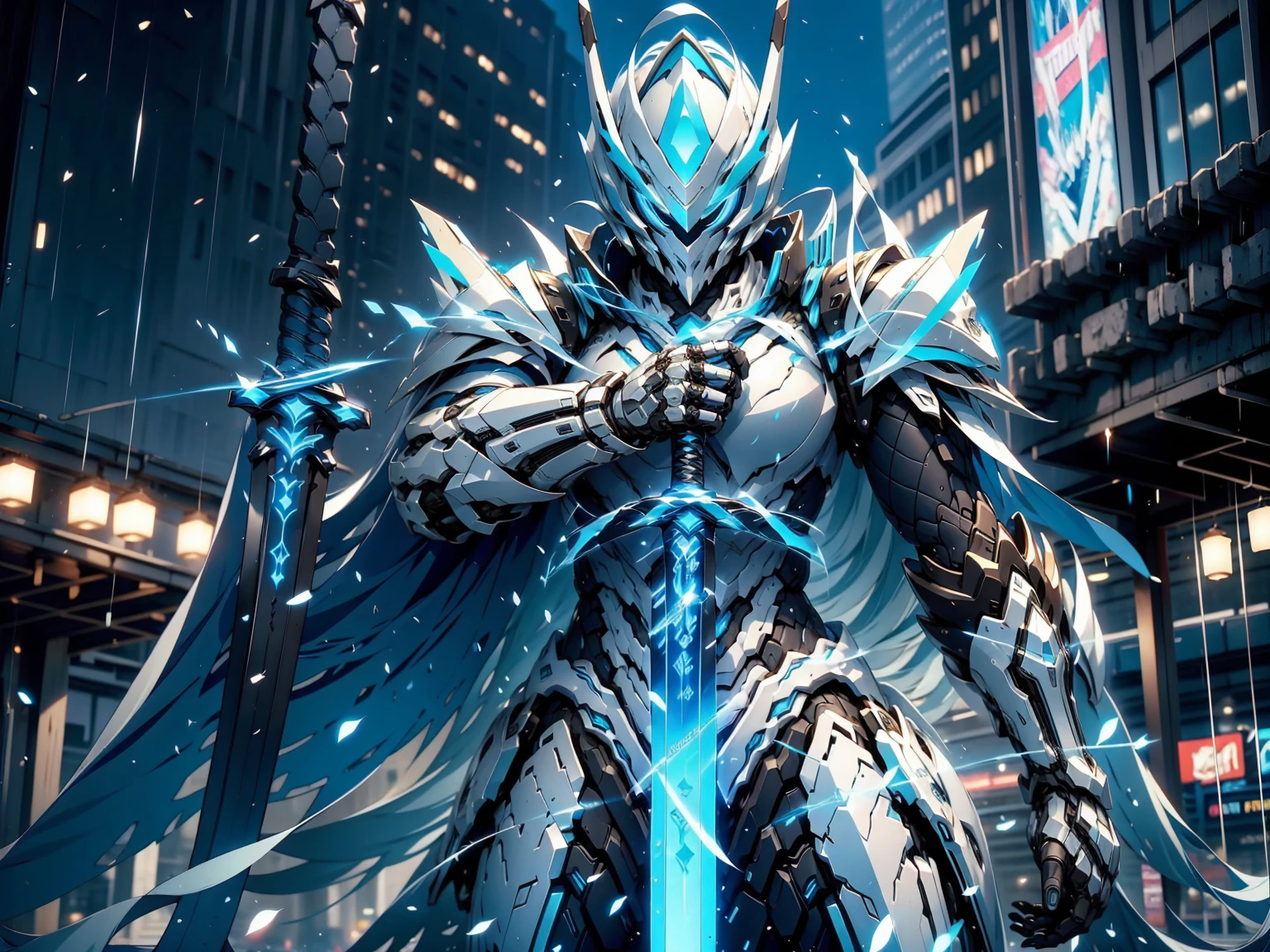 Blue-haired cyberpunk knight, sideways，white helmet, White Armor, Holding a sword, 8K picture quality, 4k picture quality, masterpiece, The award-winning, the best