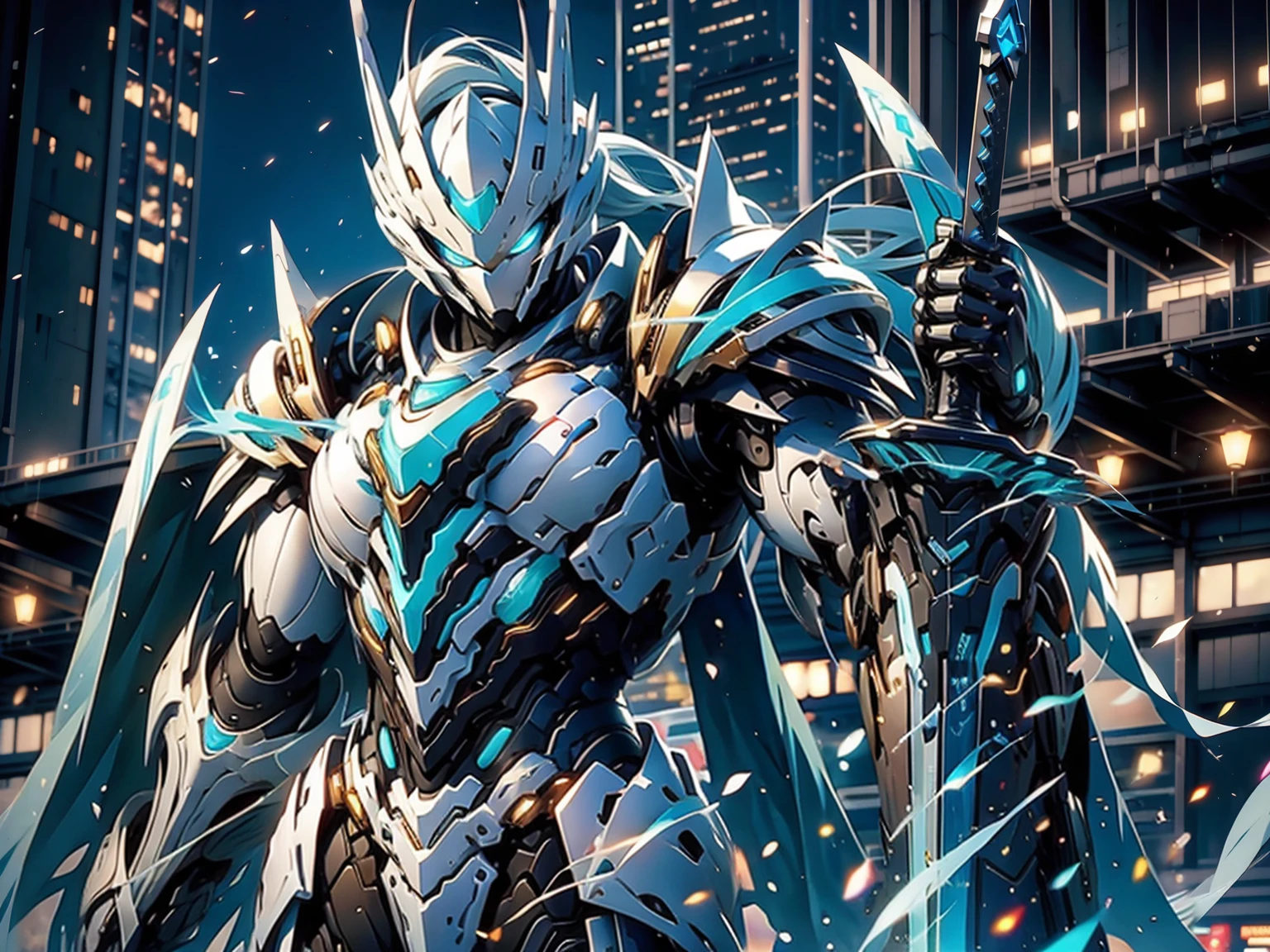 Blue-haired cyberpunk knight, sideways，white helmet, White Armor, Holding a sword, 8K picture quality, 4k picture quality, masterpiece, The award-winning, the best