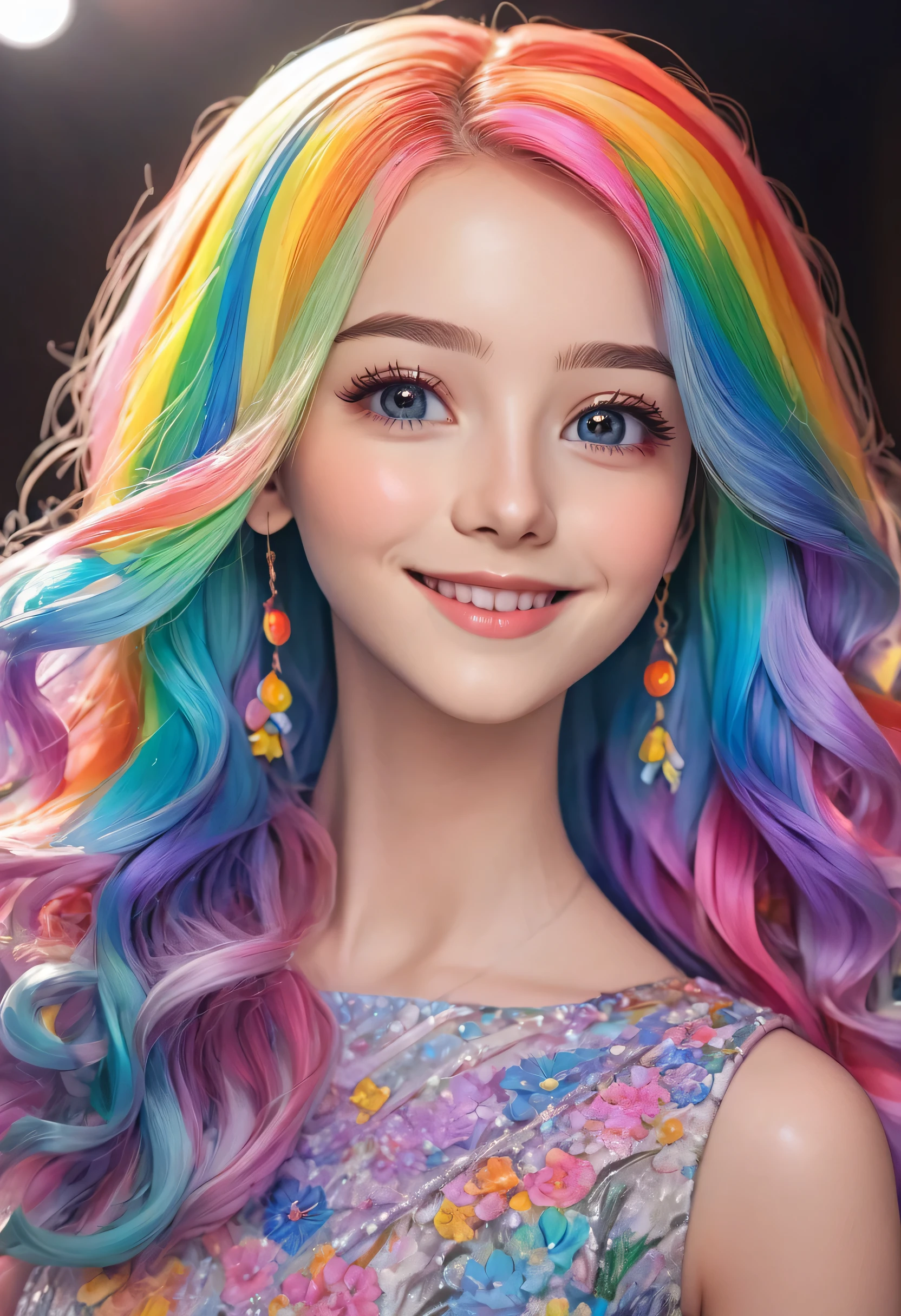 a cute anime girl, smiling, beautiful detailed eyes, beautiful detailed lips, extremely detailed face and hair, long eyelashes, wave long hair, intricate detailed dress, high quality, 4k, 8k, highres, masterpiece, ultra-detailed, anime style, professional, vibrant colors, soft lighting, colorful, medium eyes, rainbow hair