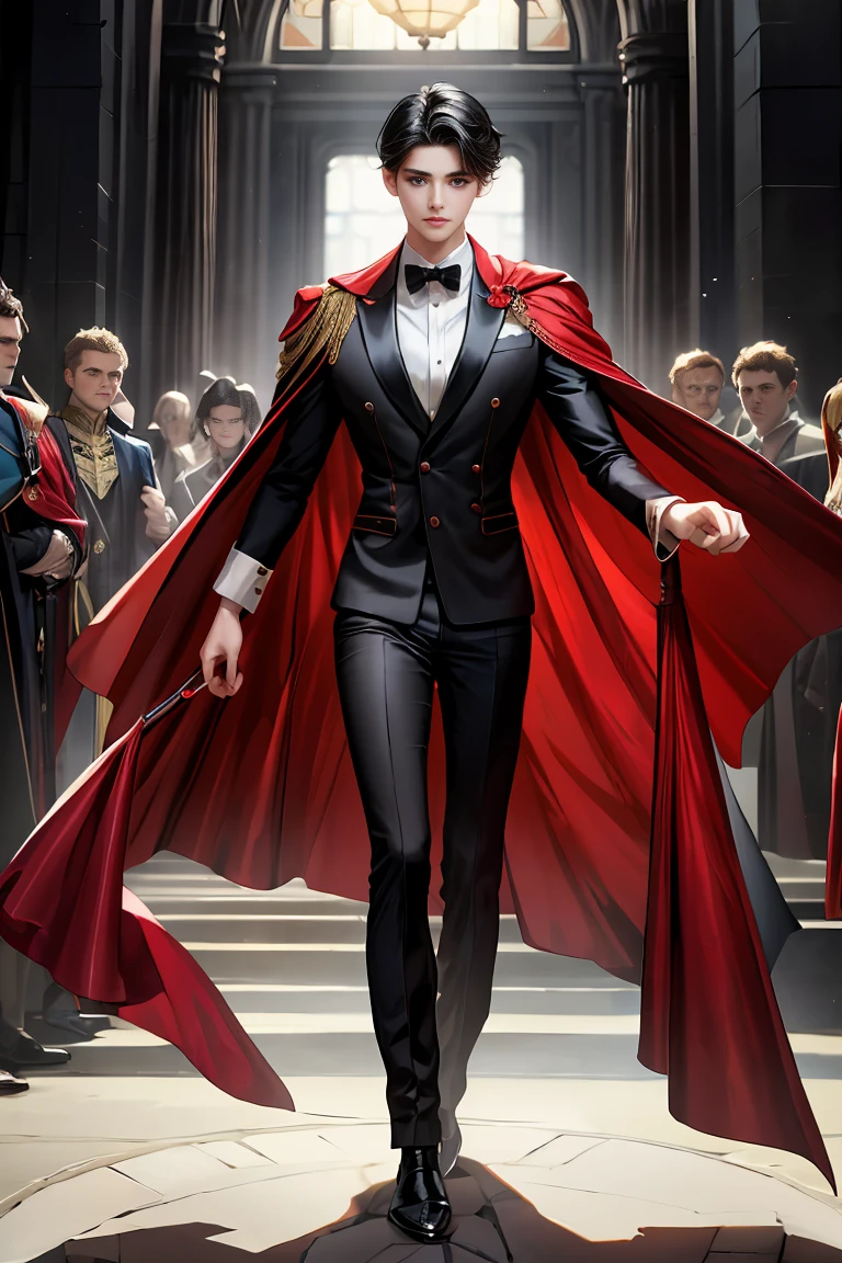 masterpiece, 最high quality, high quality, 1 boy, alone, Male focus, Watching the audience, Messy black hair, Adorable big blue eyes, White people, Noble, Noble,Sexy voluminous black and red cape、Tuxedo、A very voluminous, large, very large, very large, long, long red and black cape with a high stand-up collar, reaching down to the floor, made of a lot of fabric., 17 years old,Cute beautiful boys,Cute, cute, kind, handsome guy
