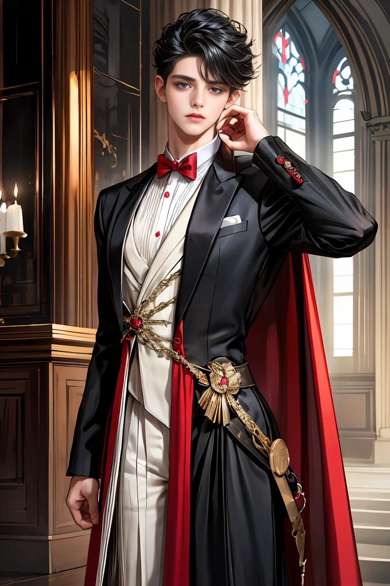 masterpiece, 最high quality, high quality, 1 boy, alone, Male focus, Watching the audience, Messy black hair, Adorable big blue eyes, White people, Noble, Noble,Sexy voluminous black and red cape、Tuxedo、A very voluminous, large, very large, very large, long, long red and black cape with a high stand-up collar, reaching down to the floor, made of a lot of fabric., 17 years old,Cute beautiful boys,Cute, cute, kind, handsome guy