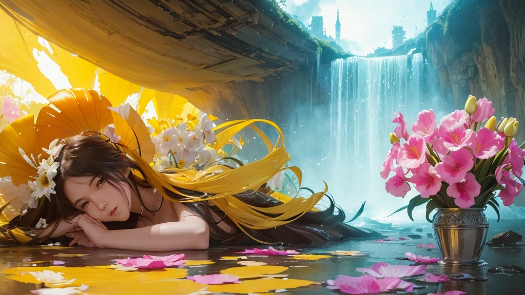 32k, Masterpiece, Highest quality, One girl, Detailed eyes, flower,gladiolus, Yellow and pink style,A dreamy, romantic piece,Pale yellow, Mysterious Leaves,A playful arrangement,Fantasy,High Contrast,Ink strokes,explosion,Exposure, Impression of yellow and white tones,Abstract,((Watercolours by John Berkey and Jeremy Mann )) Brush strokes,Negative Space, Tyndall effect,