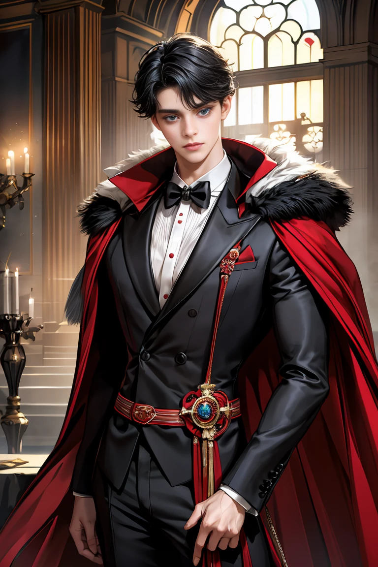 
masterpiece, 最high quality, high quality, 1 boy, alone, Male focus, Watching the audience,  Messy black hair, Adorable big blue eyes, White people, Noble, Noble,Sexy voluminous black and red cape、Tuxedo、A very voluminous, large, very large, very large, long, long red and black cape with a high stand-up collar, reaching down to the floor, made of a lot of fabric., 17 years old,Cute beautiful boys,Cute, cute, kind, handsome guy