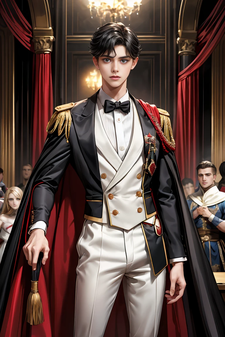 
masterpiece, 最high quality, high quality, 1 boy, alone, Male focus, Watching the audience,  Messy black hair, Adorable big blue eyes, White people, Noble, Noble,Sexy voluminous black and red cape、Tuxedo、A very voluminous, large, very large, very large, long, long red and black cape with a high stand-up collar, reaching down to the floor, made of a lot of fabric., 17 years old,Cute beautiful boys,Cute, cute, kind, handsome guy