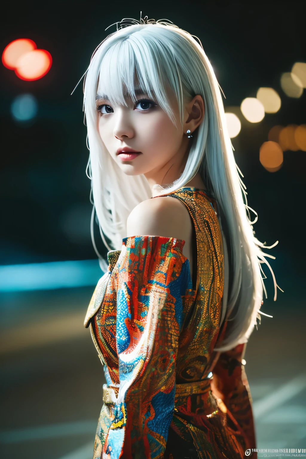 Masterpiece, high quality, high resolution, 8K, (solo:1.2), ((1girl)), Japanese woman, detailed face, detailed eyes, correct body structure, upper body, ((White hair:1.2)), very long hair, messy hair, slender body, seductive silhouette, luminous bones, depth of field, dark photo at nighttime, dimly lit, bangs, Cinematic Lighting, Tyndall effect, abstract background, futuristic outfits, vibrant colors, modern style, wide sleeves, artistic, unique patterns, colorful, stylish, trendy