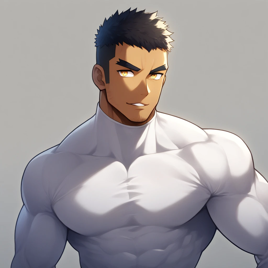 anime characters:Gyee, Muscle Sports Student, negro black skin, 1 dark skin muscular tough guy, Manliness, male focus, Light yellow high collar long sleeve tight T-shirt, Slightly transparent material, Very tight, Round, full and perky chest muscles, Slightly transparent, muscular male, muscular, only, Upper body, alone, Black short hair, Thick eyebrows, stubble, Yellow eyes, Grey background, simple background, amazing quality, best aesthetics, Ridiculous, bright pupils, crew cut, parted lips, seductive smile, torogao, naughty face, drop shadow, best quality