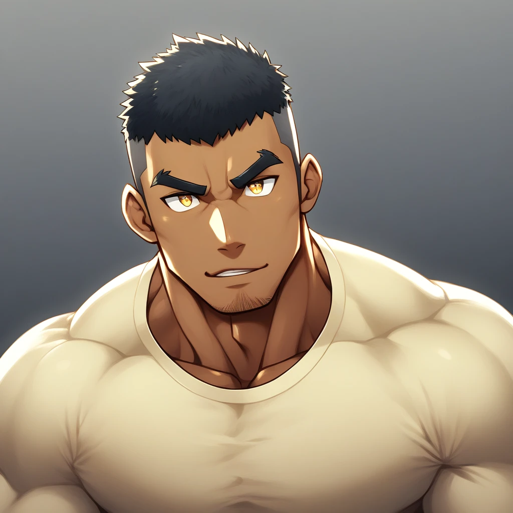 anime characters：Gyee, Muscle Sports Student, negro black skin, 1 dark skin muscular tough guy, Manliness, male focus, Light yellow high collar long sleeve tight T-shirt, Slightly transparent material, Very tight, Round, full and perky chest muscles, Slightly transparent, muscular male, muscular, only, Upper body, alone, Black short hair, Thick eyebrows, stubble, Yellow eyes, Grey background, simple background, amazing quality, best aesthetics, Ridiculous, bright pupils, crew cut, parted lips, seductive smile, torogao, naughty face, drop shadow, best quality