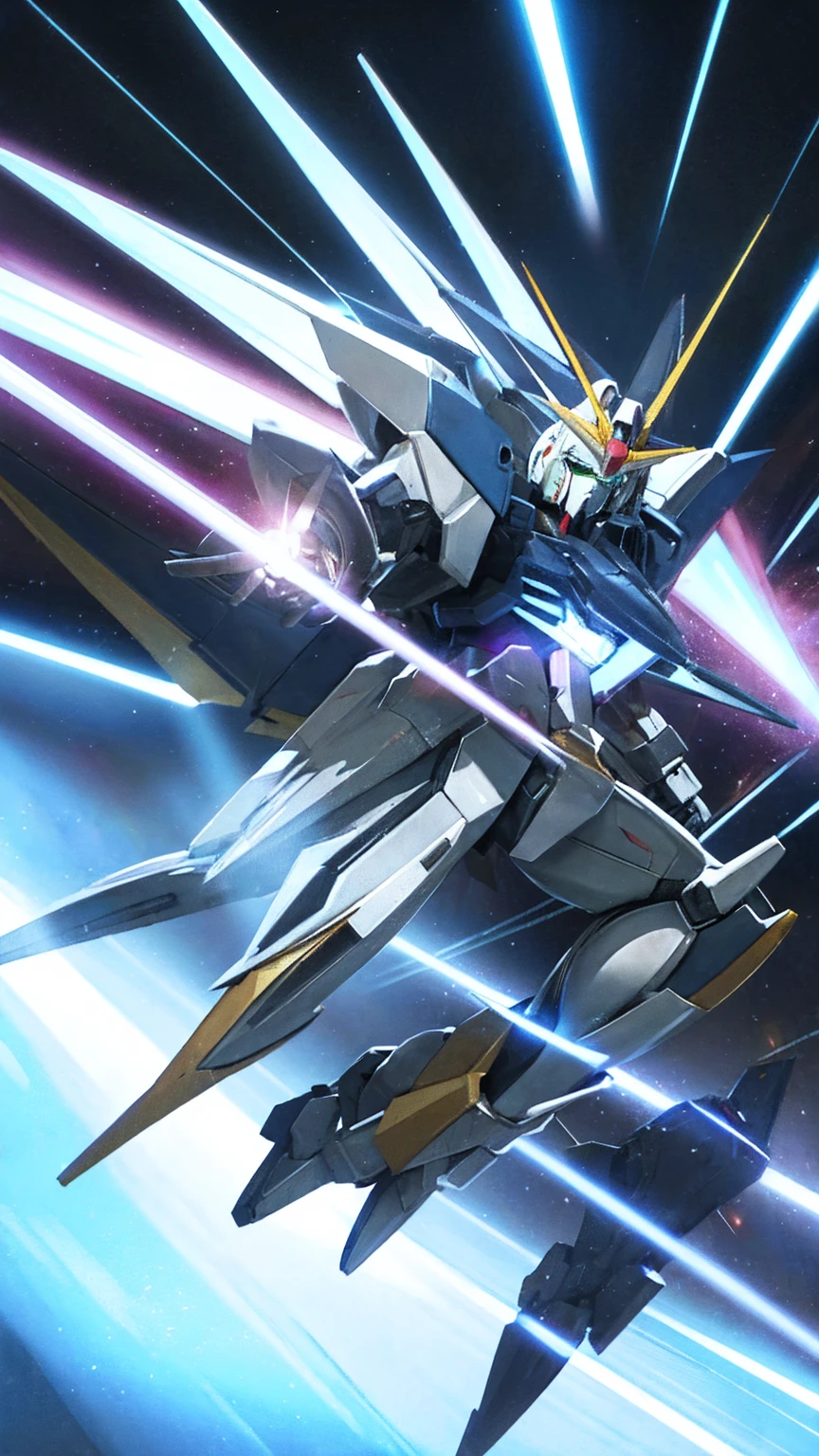Real、high resolution、8K,In the endless, pitch black space、A shining ray of light is running through at high speed。At its heart is、The Strike Freedom Gundam can be seen soaring powerfully.。Gundam's golden wings spread、A dazzling light shines from its tip.。The entire aircraft is enveloped in a pale blue-white aura.、All missiles are being fired