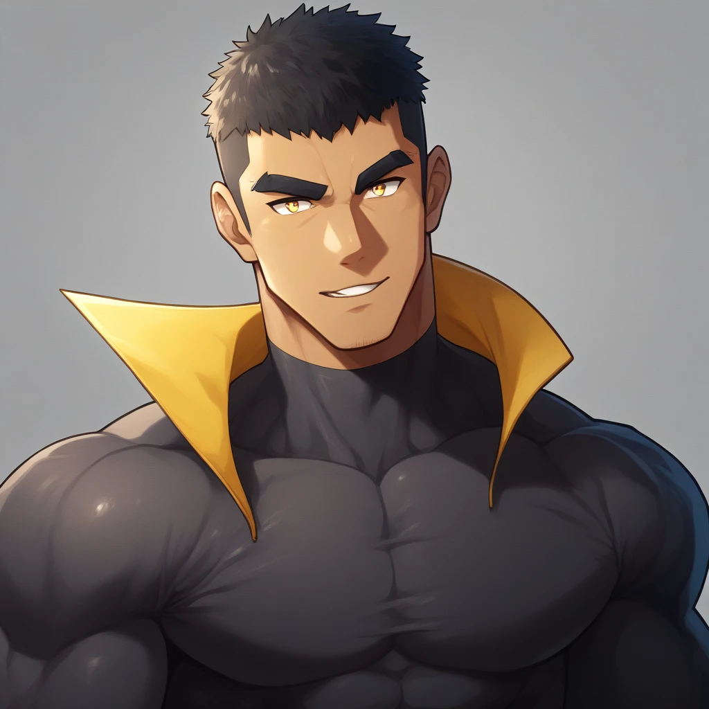 anime characters：Gyee, Muscle Sports Student, negro black skin, 1 dark skin muscular tough guy, Manliness, male focus, Light yellow high collar long sleeve tight T-shirt, Slightly transparent material, Very tight, Round, full and perky chest muscles, Slightly transparent, muscular male, muscular, only, Upper body, alone, Black short hair, Thick eyebrows, stubble, Yellow eyes, Grey background, simple background, amazing quality, best aesthetics, Ridiculous, bright pupils, crew cut, parted lips, seductive smile, torogao, naughty face, drop shadow, best quality