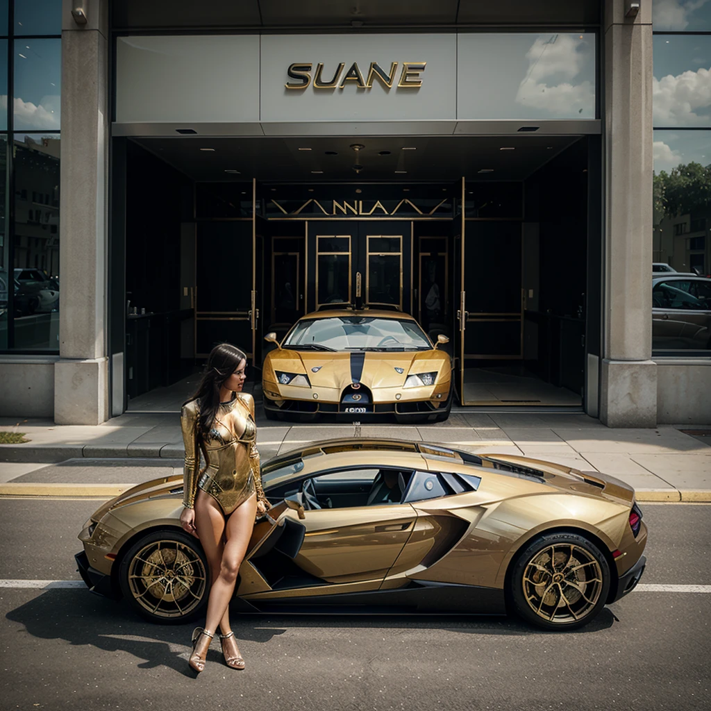 Epic photo of a Lamborghini Sian with gold details and luxury wheels , a chrome-plated Bugatti with the automatic doors open 