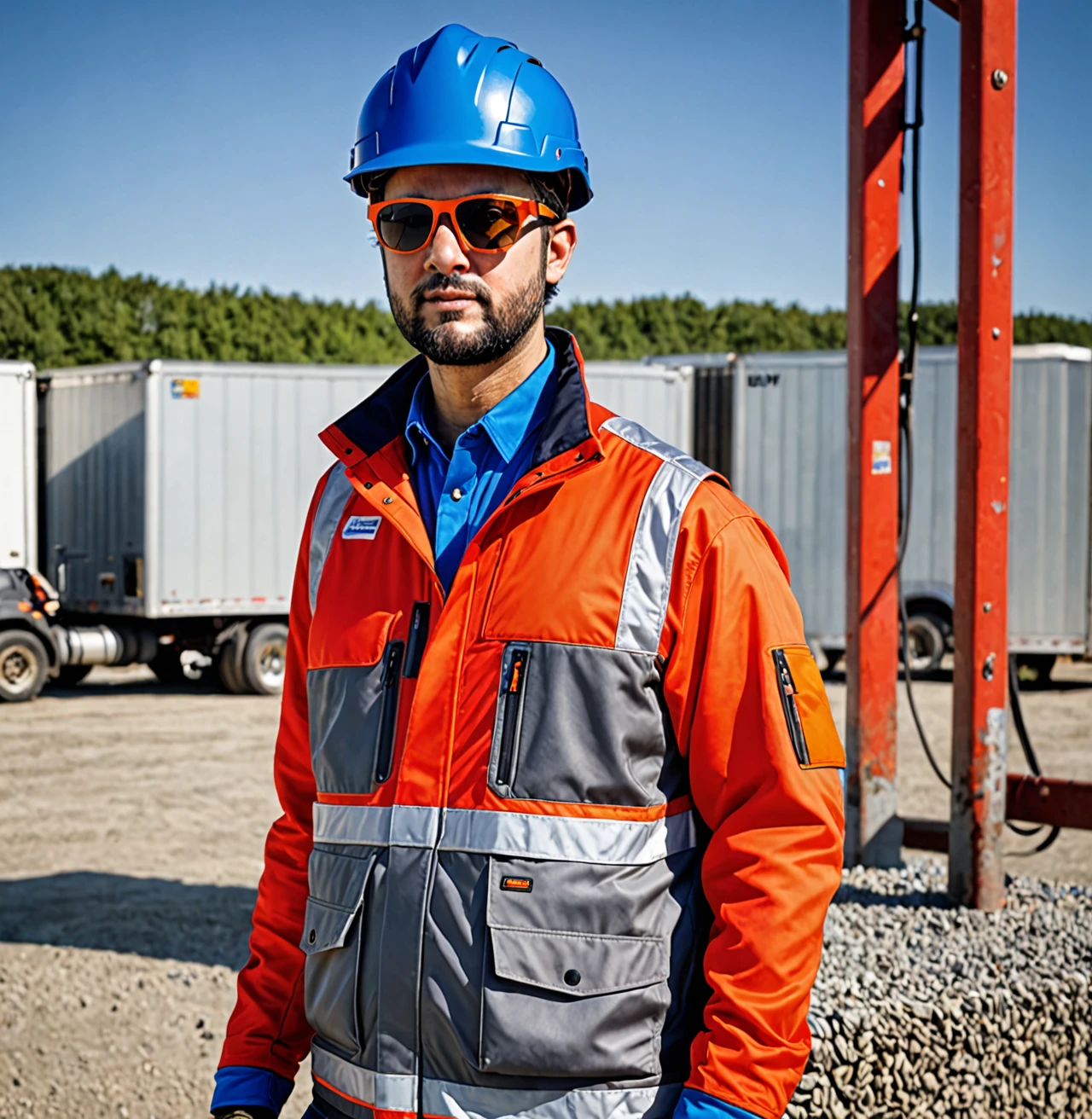 real photo of a man standing wearing a combination of gray and orange wearpack, wearing sunglasses, wearing a blue savety helmet, wearing a red live jacket