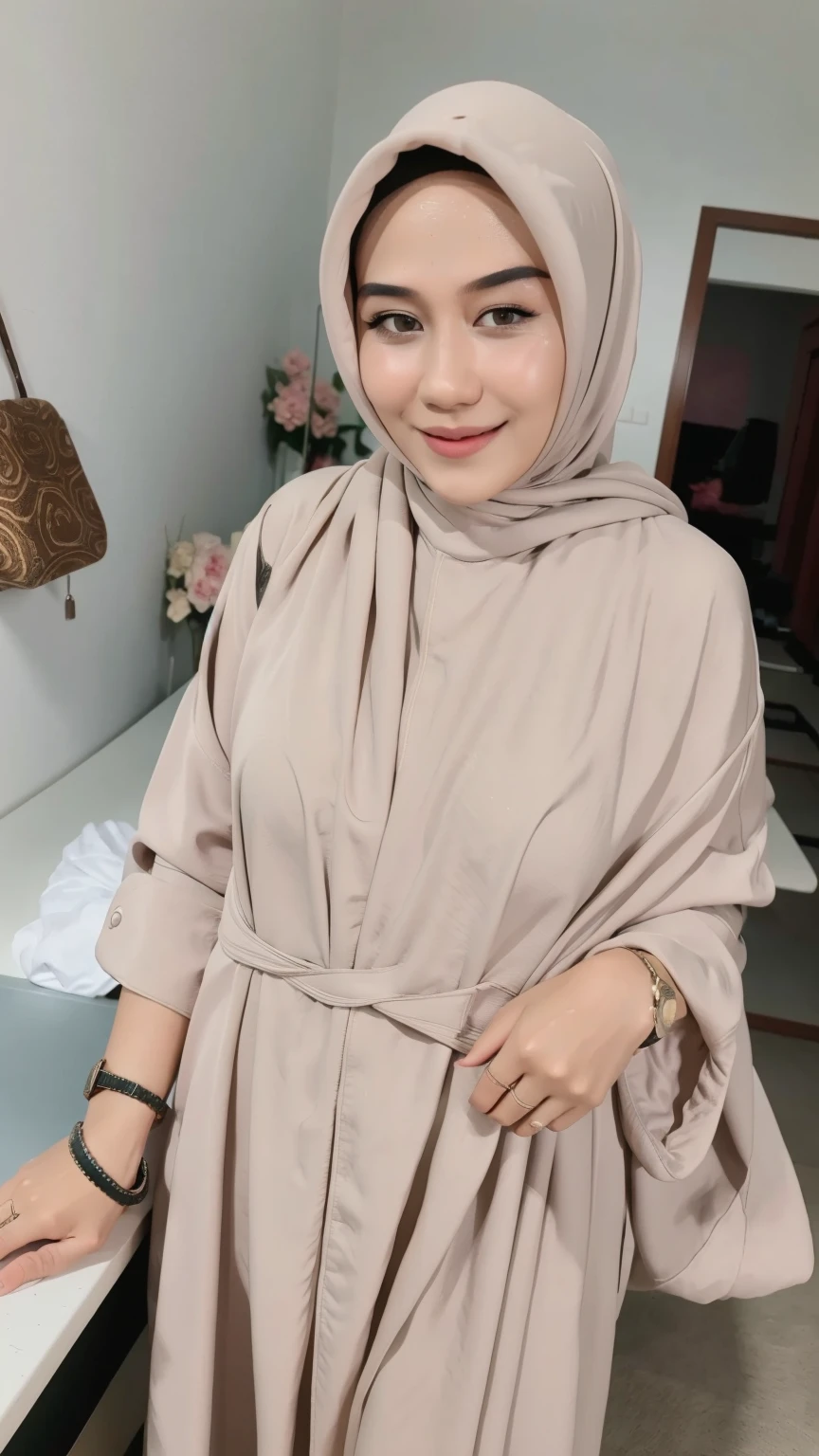 (best masterpiece), ultra-high quality, highly detailed, Ultra-HD Images, soft lighting, Ultra-Fine Picture, DSLR, ultra sharp, ((Ultra-HD Picture:1.4)), 8K IMAGES, ((realistic detailed human:1.2)), indonesian, hijab, big breast, forward chest, wearing Oversized shirts, tight waist-length cargo pants)), Thin smile, Round eyeballs, droopy eyelids, looking down pose, living room, full body