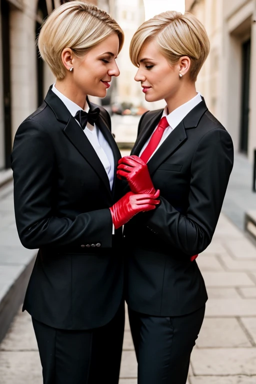 A couple of short-haired, blonde American women in black suits and red gloves in love