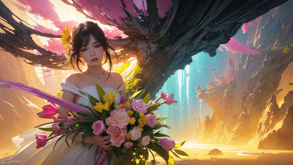 32k, Masterpiece, Highest quality, One girl, Detailed eyes, flower,gladiolus, Yellow and pink style,A dreamy, romantic piece,Pale yellow, Mysterious Leaves,A playful arrangement,Fantasy,High Contrast,Ink strokes,explosion,Exposure, Impression of yellow and white tones,Abstract,((Watercolours by John Berkey and Jeremy Mann )) Brush strokes,Negative Space, Tyndall effect,