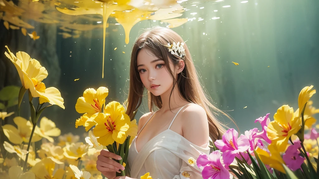 32k, Masterpiece, Highest quality, One girl, Detailed eyes, flower,gladiolus, Yellow and pink style,A dreamy, romantic piece,Pale yellow, Mysterious Leaves,A playful arrangement,Fantasy,High Contrast,Ink strokes,explosion,Exposure, Impression of yellow and white tones,Abstract,((Watercolours by John Berkey and Jeremy Mann )) Brush strokes,Negative Space, Tyndall effect,