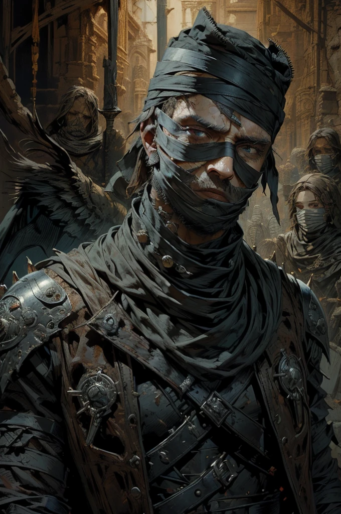 (masterpiece), best quality, expressive eyes, perfect face(masterpiece), best quality, expressive eyes, perfect face, eyes full black, cenobita, hellraiser, Leather Clothes, rusty steel wings, Deep wounds in the chest and abdomen, rusty nails in the right arm, bandages on the head and face, ((((bandaged man)))), detailed,realistic,4k