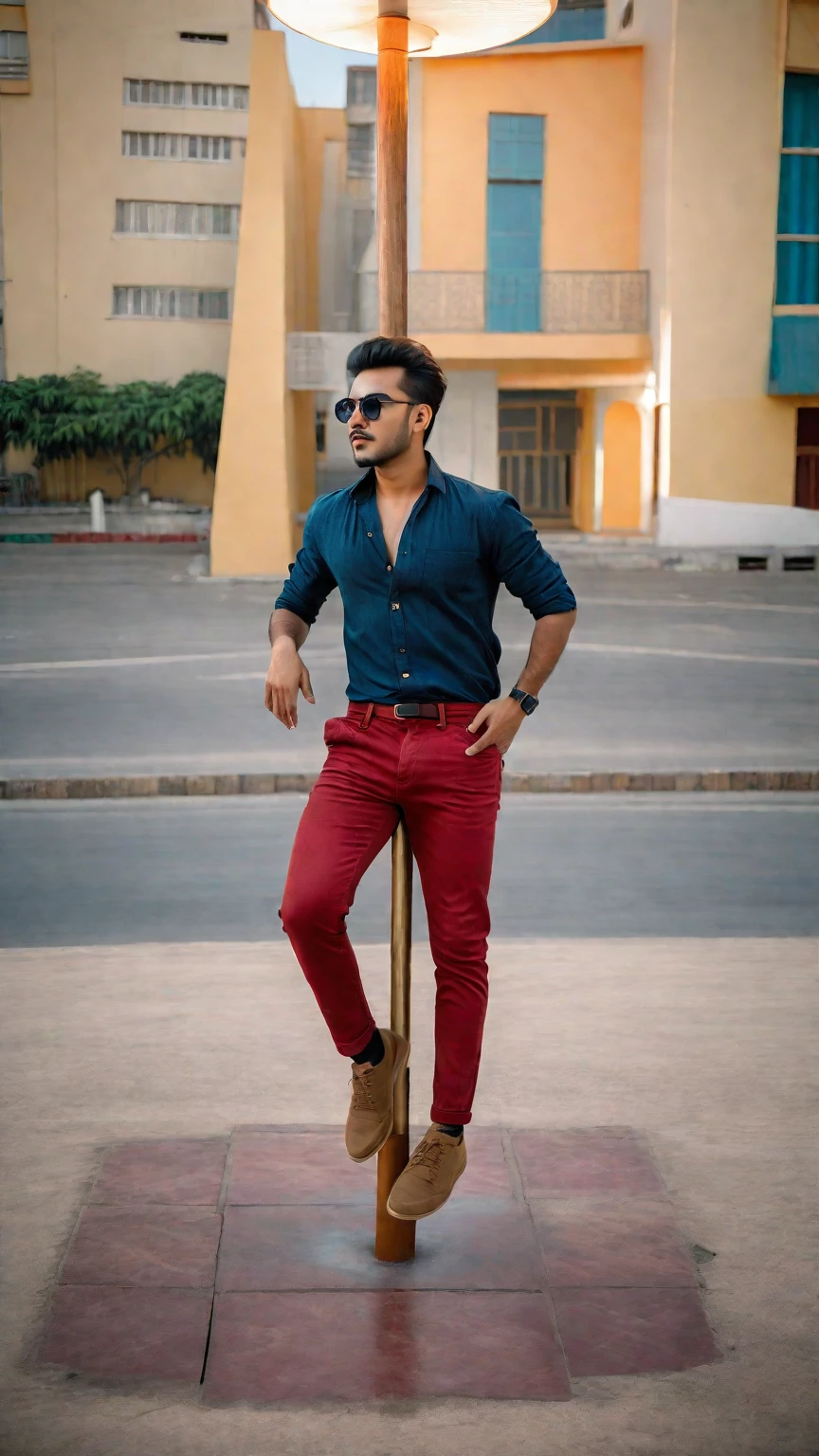 there is a man standing on a pole in front of a building, full body photogenic shot, with a cool pose, very artistic pose, stylish pose, candid picture, full body picture, cool pose, taken with sony alpha 9, red shirt brown pants, mohamed chahin style, wearing a dark shirt and jeans, very cool pose, dressed with long fluent clothes