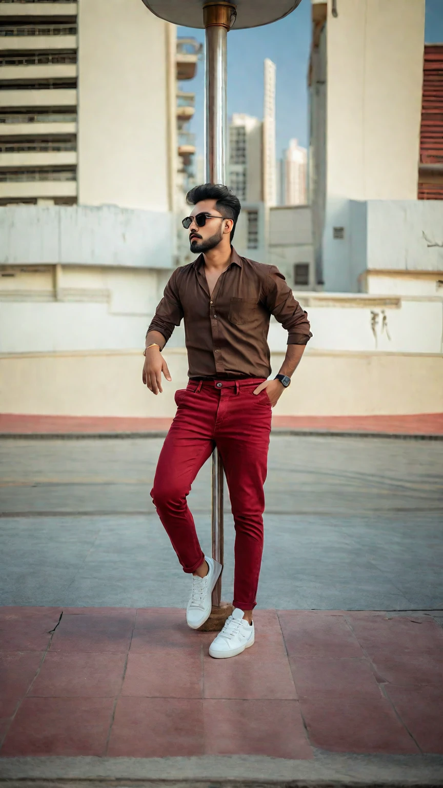 there is a man standing on a pole in front of a building, full body photogenic shot, with a cool pose, very artistic pose, stylish pose, candid picture, full body picture, cool pose, taken with sony alpha 9, red shirt brown pants, mohamed chahin style, wearing a dark shirt and jeans, very cool pose, dressed with long fluent clothes