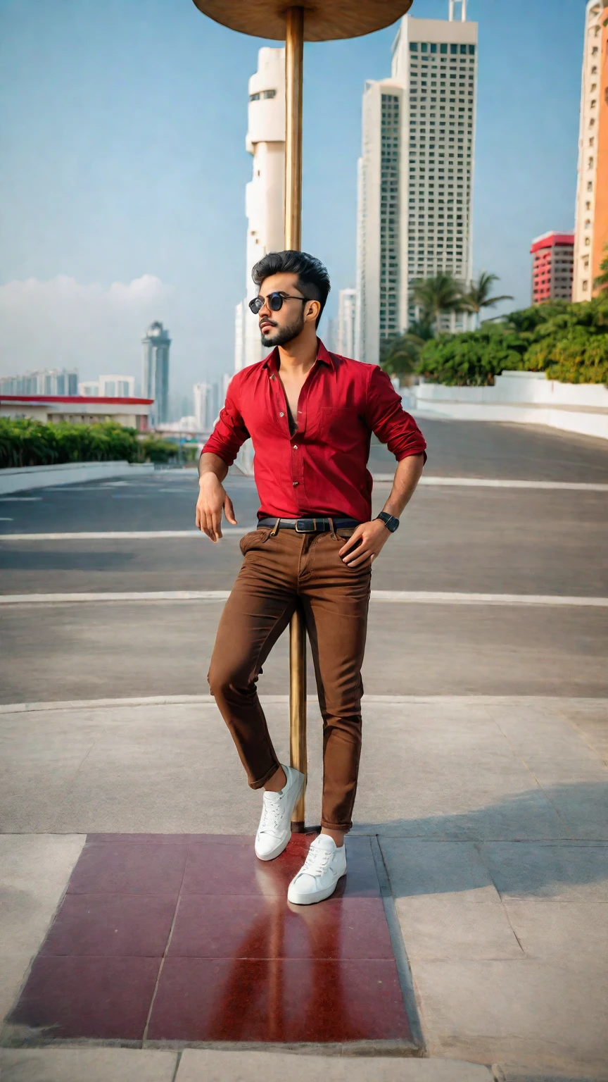 there is a man standing on a pole in front of a building, full body photogenic shot, with a cool pose, very artistic pose, stylish pose, candid picture, full body picture, cool pose, taken with sony alpha 9, red shirt brown pants, mohamed chahin style, wearing a dark shirt and jeans, very cool pose, dressed with long fluent clothes