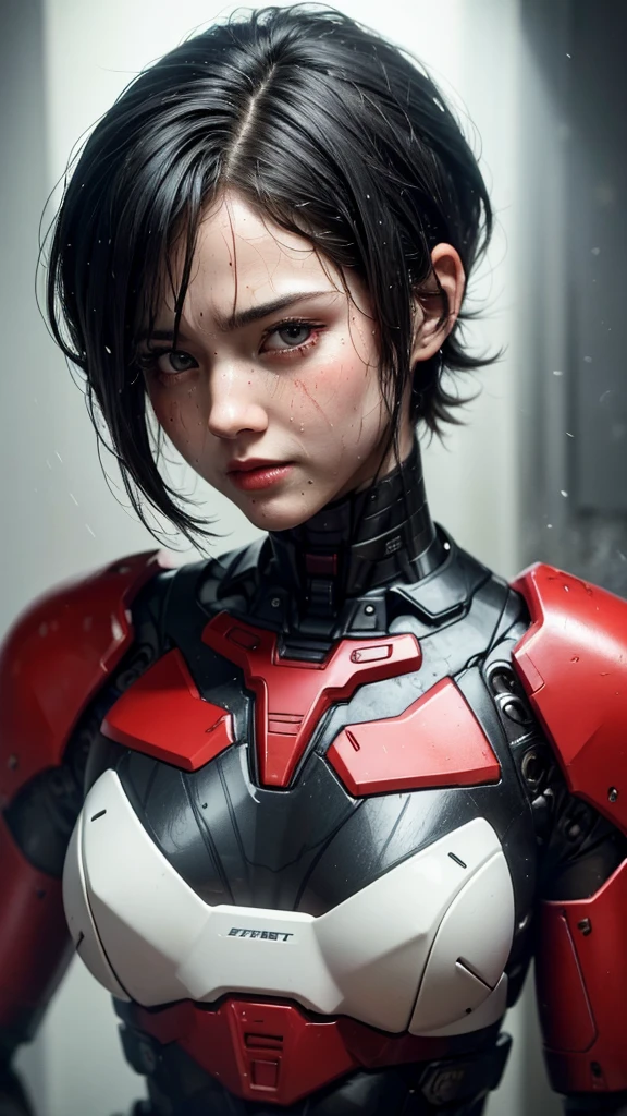 Highest quality　8k Red Cyborg Suit Girl　Middle-aged women　Sweaty face　cute　short hair　boyish　Very short hair　Steam coming out of my head　My hair is wet with sweat　The feel of black hair　Full body portrait　My upper body is soaked　 　I can see the vagina　Lying in bed