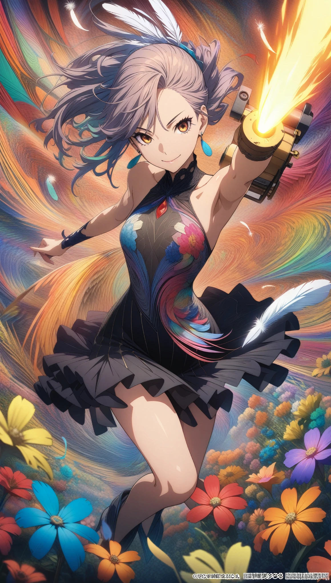 (masutepiece, of the highest quality, Best Quality, Official art, Beautiful and aesthetic:1.2), (1girl in:1.3), Extremely detailed,(Fractal Art:1.1),(Colorful:1.1)(Flowers:1.3),highest details,(Zentangle:1.2), (Dynamic Pose), (Abstract background:1.3), (Shiny skin), (Many colors:1.4), (earrings), (Feathers:1.5), (Flamethrower:1.3),Red background,Phoenix dress,