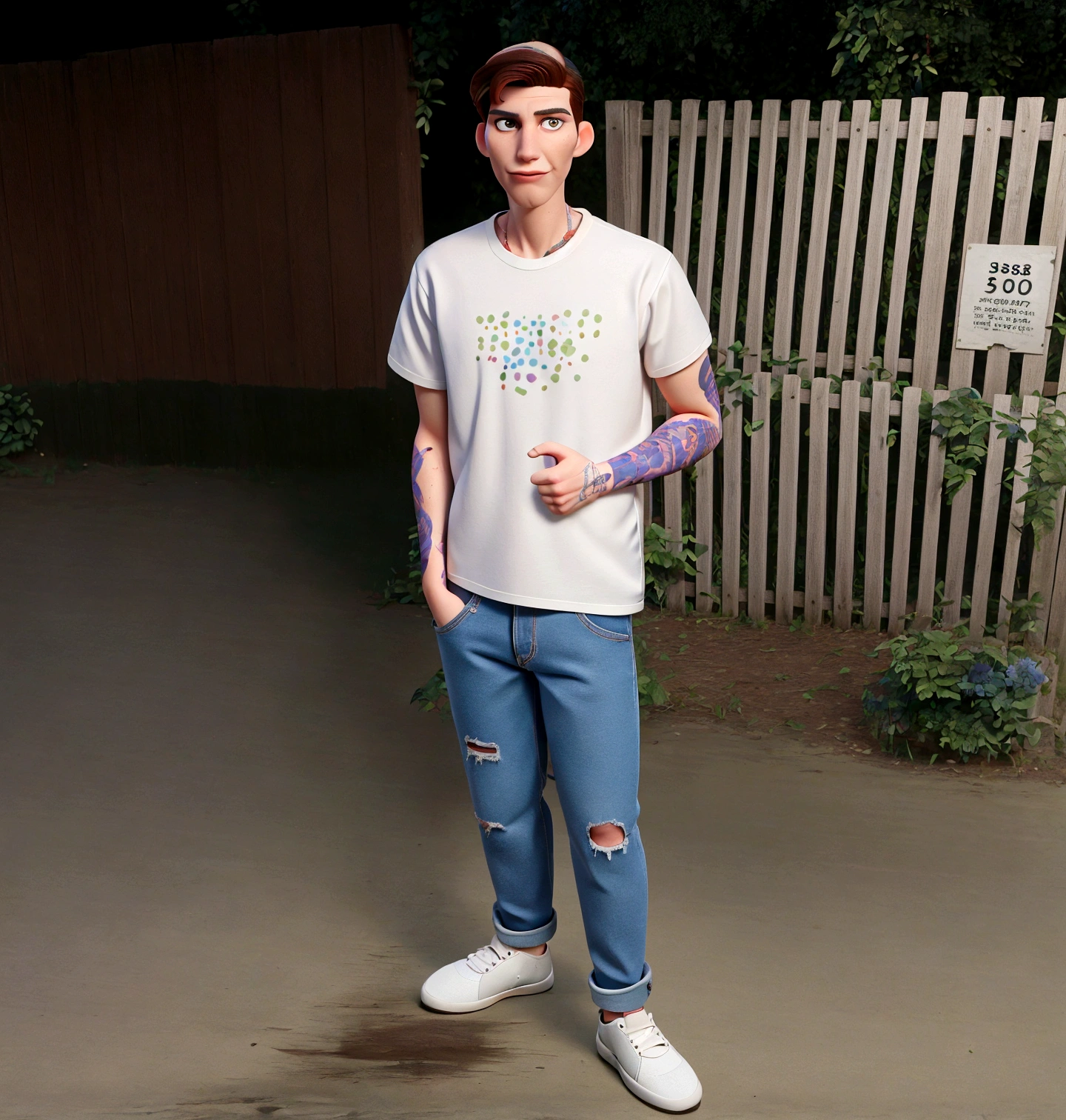 fit man in a white shirt and jeans in front of a fence, Matthew 9 5, jerma985, jerma 9 8 5, looks like jerma985, style of seb mckinnon, photo by full body, jerma985 as the joker, André Rios, drainage gang bladee, full body long shot