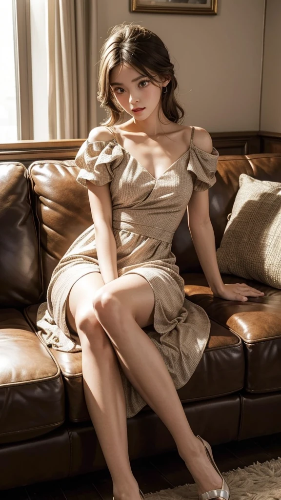 The girl laying on couch and her face is mad but it's cute . Cute dresses, cute style , full body