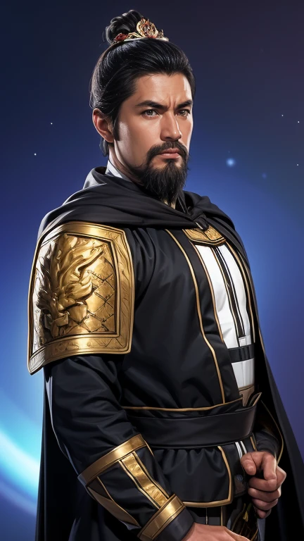 8K,man with sword,ornate armor(The elaborately crafted coat of arms of a nobleman),ultra high resolution,surreal,realistic skin,Black hair short hair,big black eyes,clear eye description, muscular body,waist armor,delicate hands, Perfect hand shape, character art, action pose,masterpiece,Realistic RAW photos of the highest quality,bright colors,rich colors, backlight, movie lights, film grain,50mm lens
