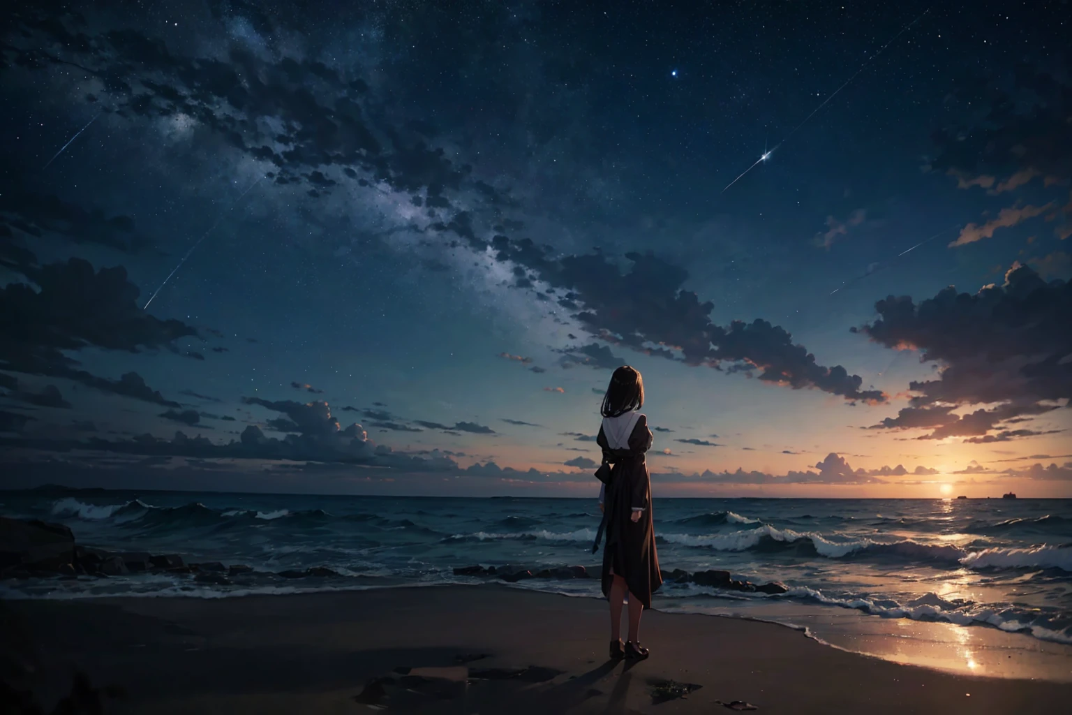 girl wearing a white dress, black hair, from behind, night sky, far away, landscape, wideangle, masterpiece, wallpaper