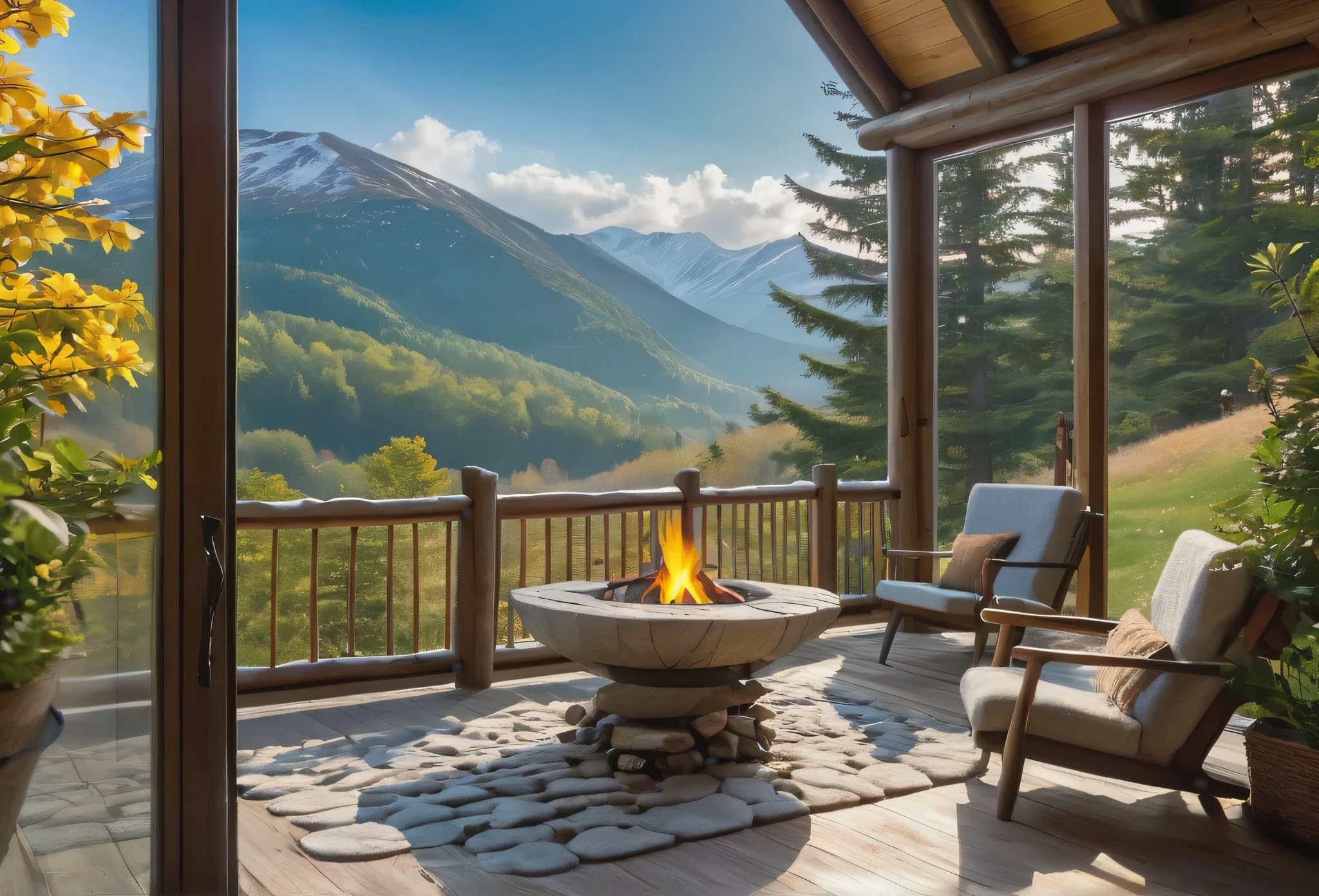(best quality,4K,8K,high resolution,masterpiece:1.2),Extremely detailed,(Practical,photoPractical,photo-Practical:1.37),Mountain hut,Cozy cottage,Wooden house surrounded by mountains,Tranquil atmosphere,Great attention to detail,Peaceful environment,Panoramic view of mountains and forests,Secluded place,A large window,Enjoy the stunning views,Elegant and rustic design,Chimney smoke,Warm and welcoming atmosphere,Crackling Fireplace,Comfortable furniture,Soft and warm lighting,Serene colors,Natural materials,Wood paneling,Beautifully landscaped gardens,There are colorful flowers and plants,Clear blue sky,fresh air,breeze,Rustling Leaves,Peace and tranquility,Hiking trails,Nature Exploration,adventure,The Hermitage,Escape from busy city life,Perfect place to relax and meditate.Snow outside the window