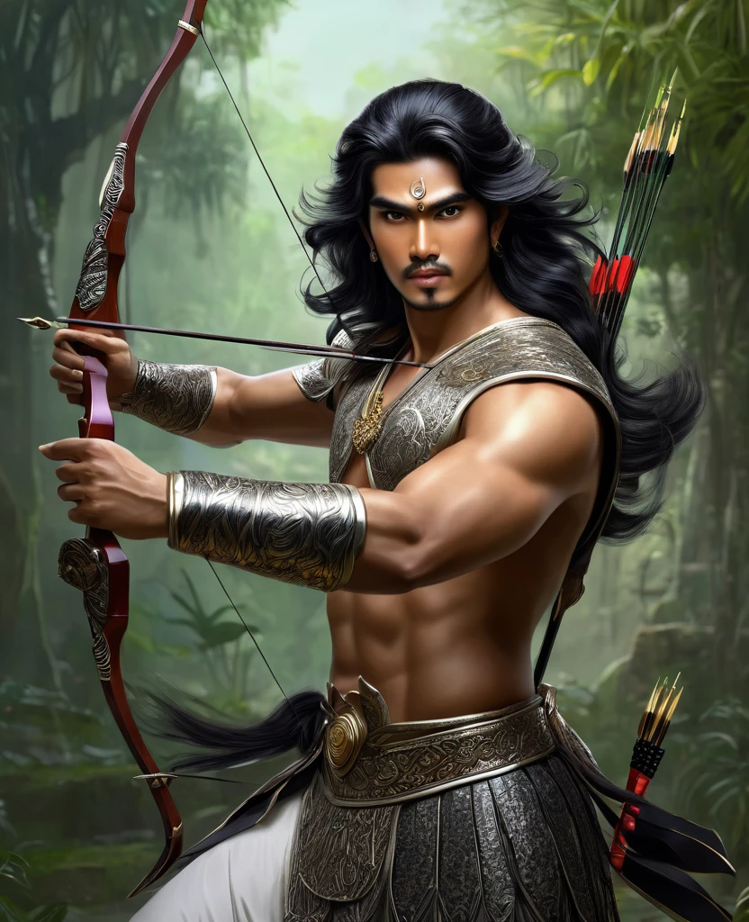 Arjuna in Mahabarata is shooting archery, holding a bow and arrow, Javanese handsome prince, majapahit warrior, long wavy black hair, hair tied up, wide eyes looking sharp and firm, very handsome face, bare chested, wearing ancient Javanese knight jawelry, realistic, background black, fantasy, intricate, elegant, highly detailed, digital painting, art station, concept art, 4k, complete body