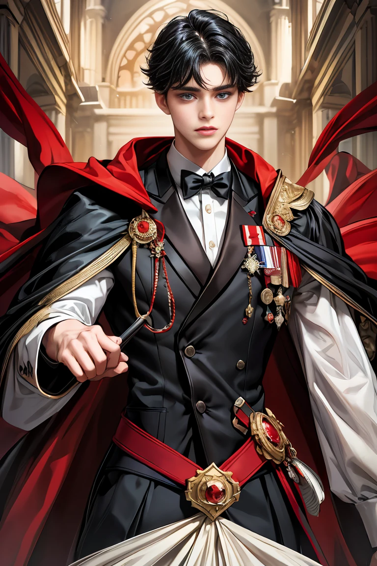 
masterpiece, 最high quality, high quality, 1 boy, alone, Male focus, Watching the audience,  Messy black hair, Adorable big blue eyes, White people, Noble, Noble,Sexy voluminous black and red cape、Tuxedo、A very voluminous, large, very large, very large, long, long red and black cape with a high stand-up collar, reaching down to the floor, made of a lot of fabric., 17 years old,Cute beautiful boys,Cute, cute, kind, handsome guy