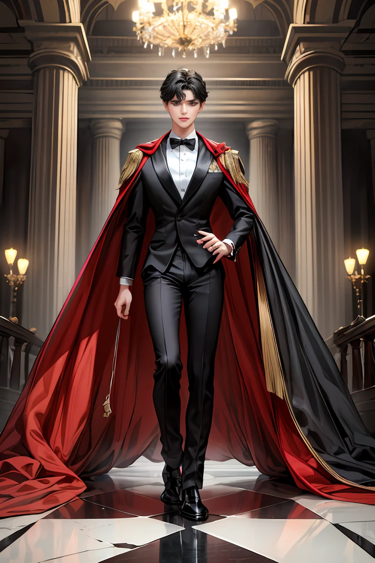 masterpiece, 最high quality, high quality, 1 boy, alone, Male focus, Watching the audience, Messy black hair, Adorable big blue eyes, White people, Noble, Noble,Sexy voluminous black and red cape、Tuxedo、A very voluminous, large, very large, very large, long, long red and black cape with a high stand-up collar, reaching down to the floor, made of a lot of fabric., ,Cute beautiful boys,Cute, cute, kind, handsome guy