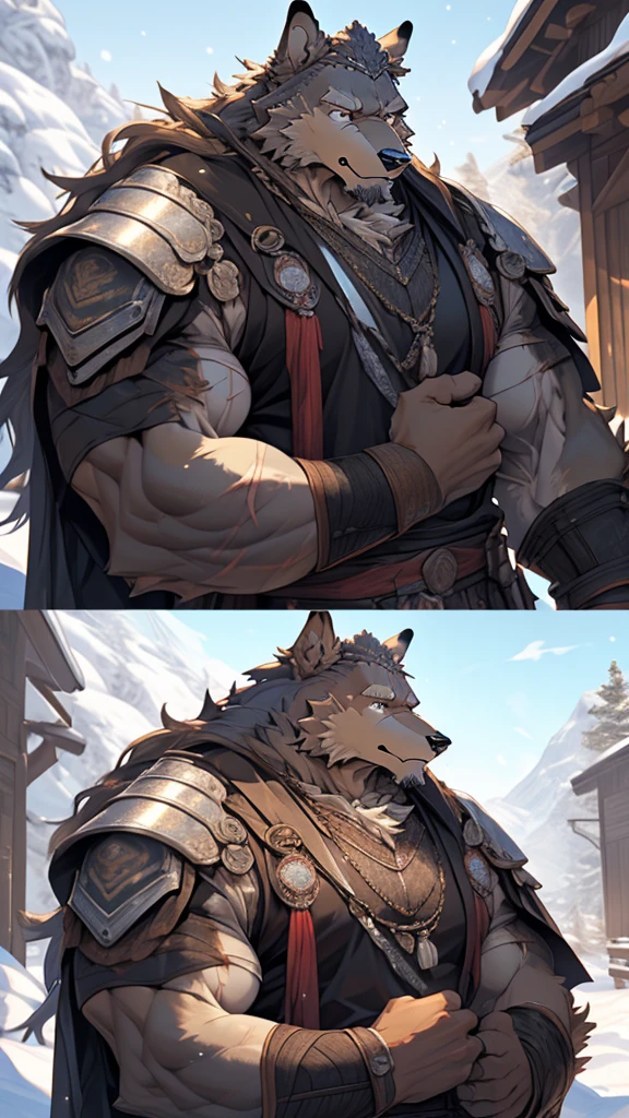 (photorealistic:1.4), 8k, (masterpiece), best quality, highest quality, (highly detailed fur:1.5), (detailed muscles:1.4), (detailed face:1.5), (realistic eyes), original, highres, unparalleled masterpiece, ultra realistic 8k, perfect artwork, grey wolf, male, middle aged, (general:1.2), armor, scars, (casual clothing:1.3), long hair, braided hair, white braids, cold northern environment, (snowy:1.2), (father and son bonding:1.4), (heartwarming interaction:1.3),(barrack:1.9)