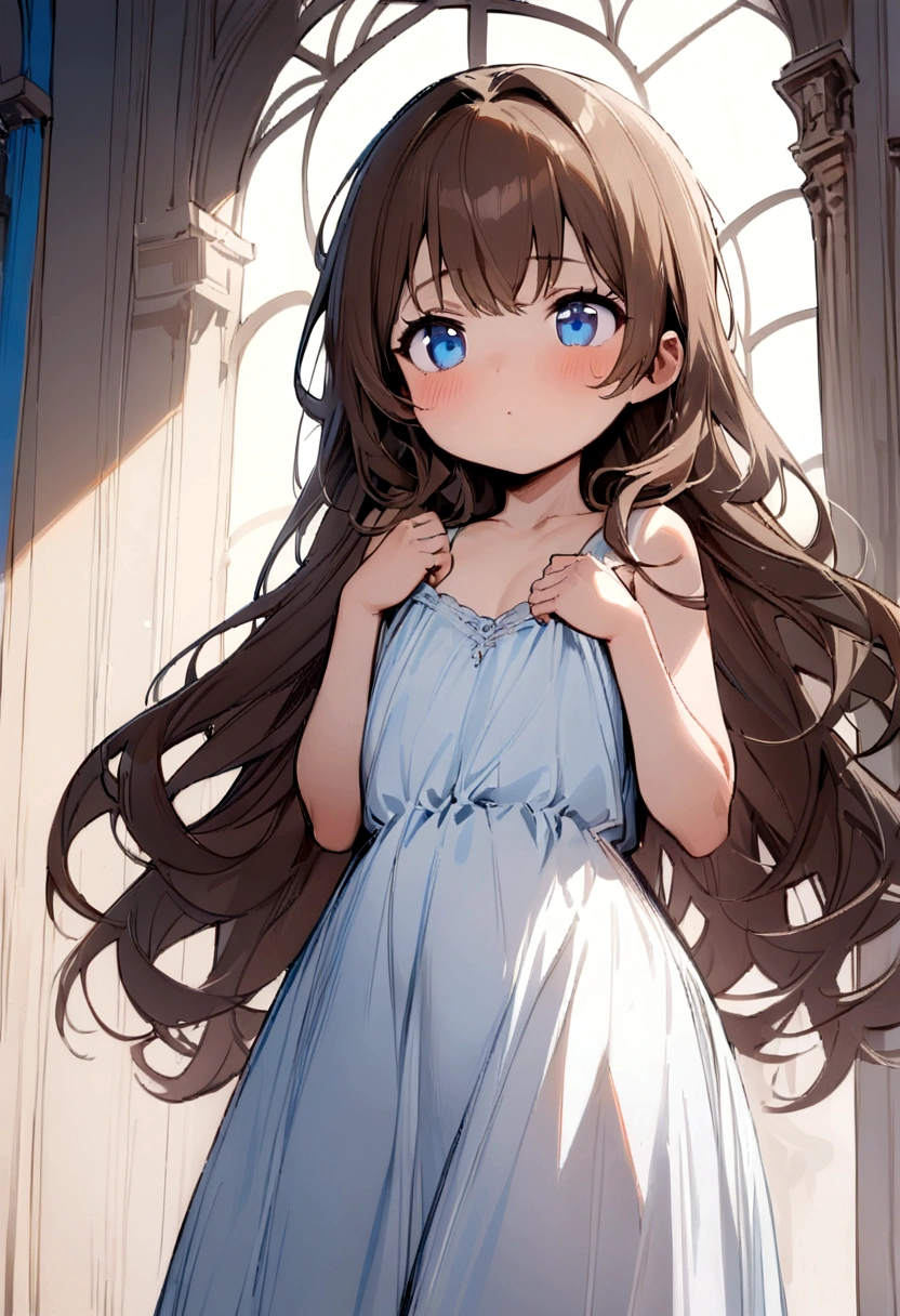 ((Masterpiece)), (((best quality))), hips wide open, ((blue colour eyes)), long brown hair, ((shot White dress)),  (()), (Bored), (cute), ((chest big)), ((long hair))