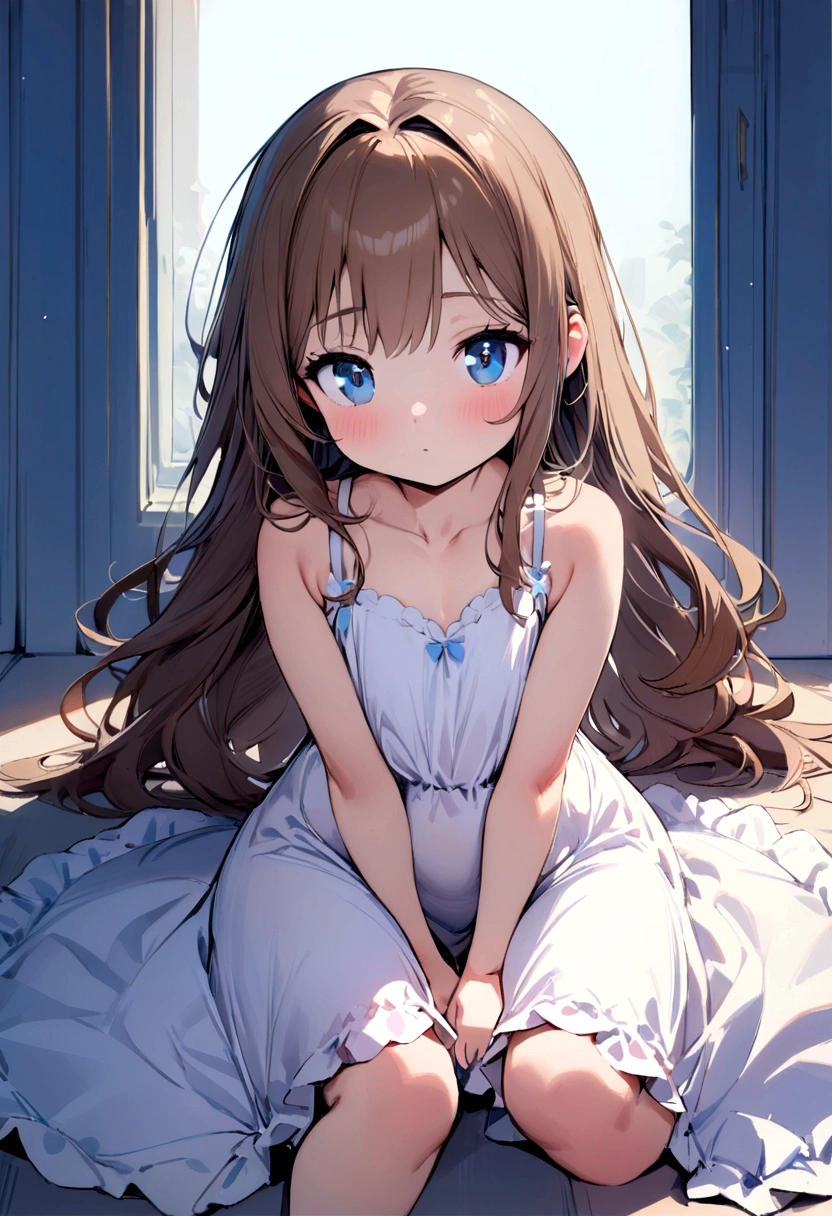 ((Masterpiece)), (((best quality))), hips wide open, ((blue colour eyes)), long brown hair, ((shot White dress)), (()), (Bored), (cute), ((chest big)), ((long hair))