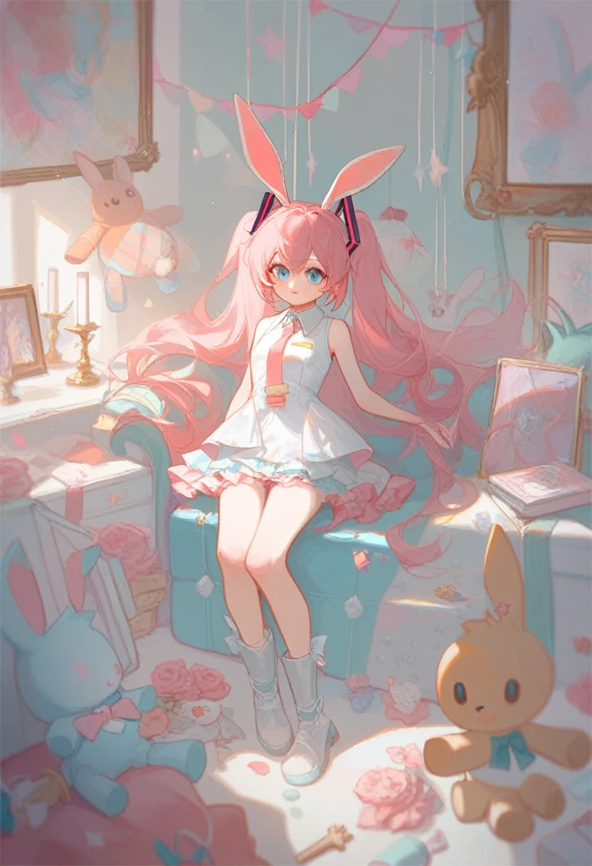 girl coming out of picture frame, flowing hair, short dress, white outfit, details, long hair, bright, toys, stuffed animals, flying books, photo frames, vases, candles, light, short skirt, legs, pink hair, cute, short outfit, sexy, boots, cute face, hatsune miku, bunny, window