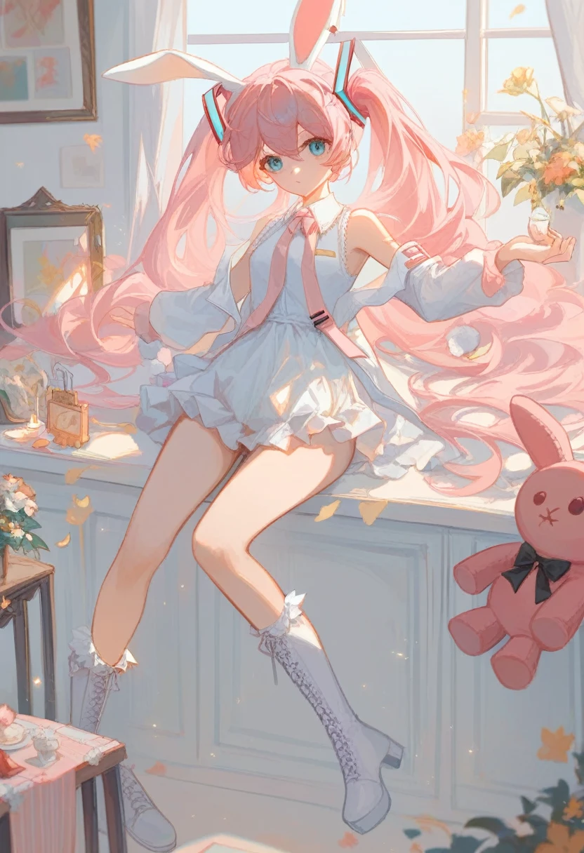 girl coming out of picture frame, flowing hair, short dress, white outfit, details, long hair, bright, toys, stuffed animals, flying books, photo frames, vases, candles, light, short skirt, legs, pink hair, cute, short outfit, sexy, boots, cute face, hatsune miku, bunny, window