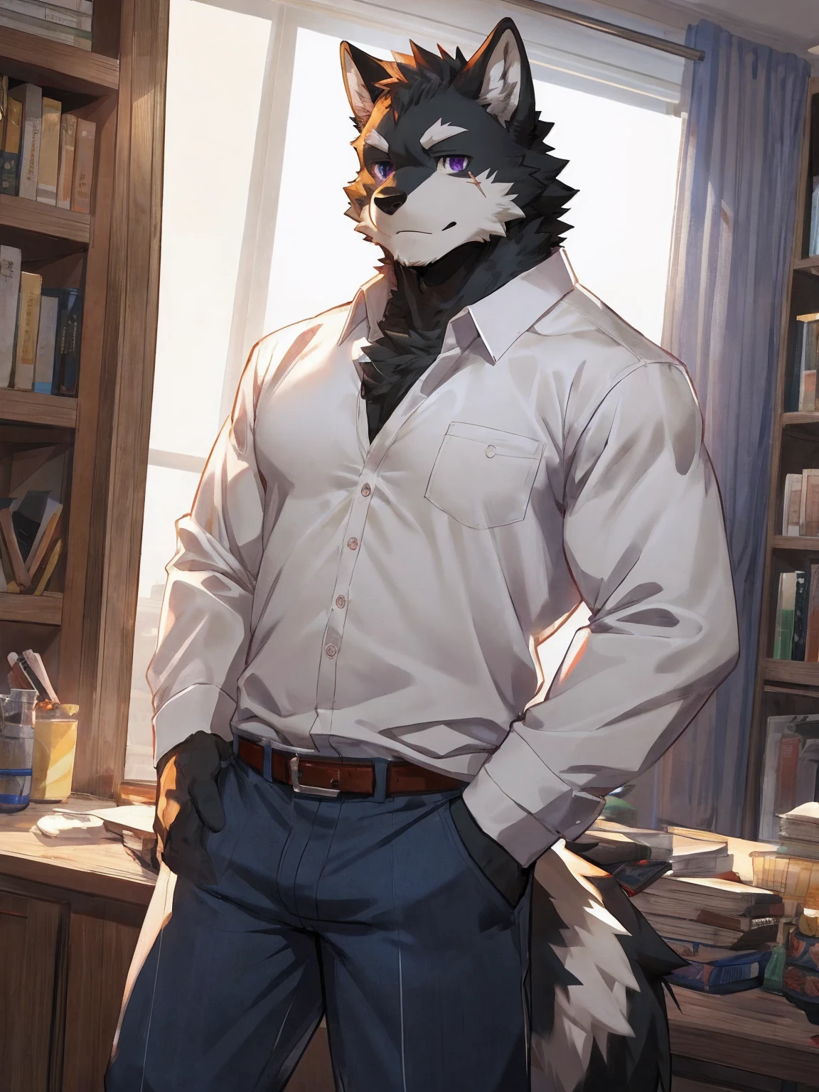 embedding:black wolf, male,purple eyes,Scar on the face, scar on the body,Single person，The fur on the chest and abdomen is white.Elder brother.Modern apartment, clean and tidy.casual Shirt，Casual pants,Formal, everyday,A mild expression,Maturity,The highest quality of scene detail,adult,Tall and powerful,muscle，Best quality hands, best quality eye，detailed fur，Delicate eyes.Extreme picture quality，by sollyz,by zixiong,by milkytiger1145